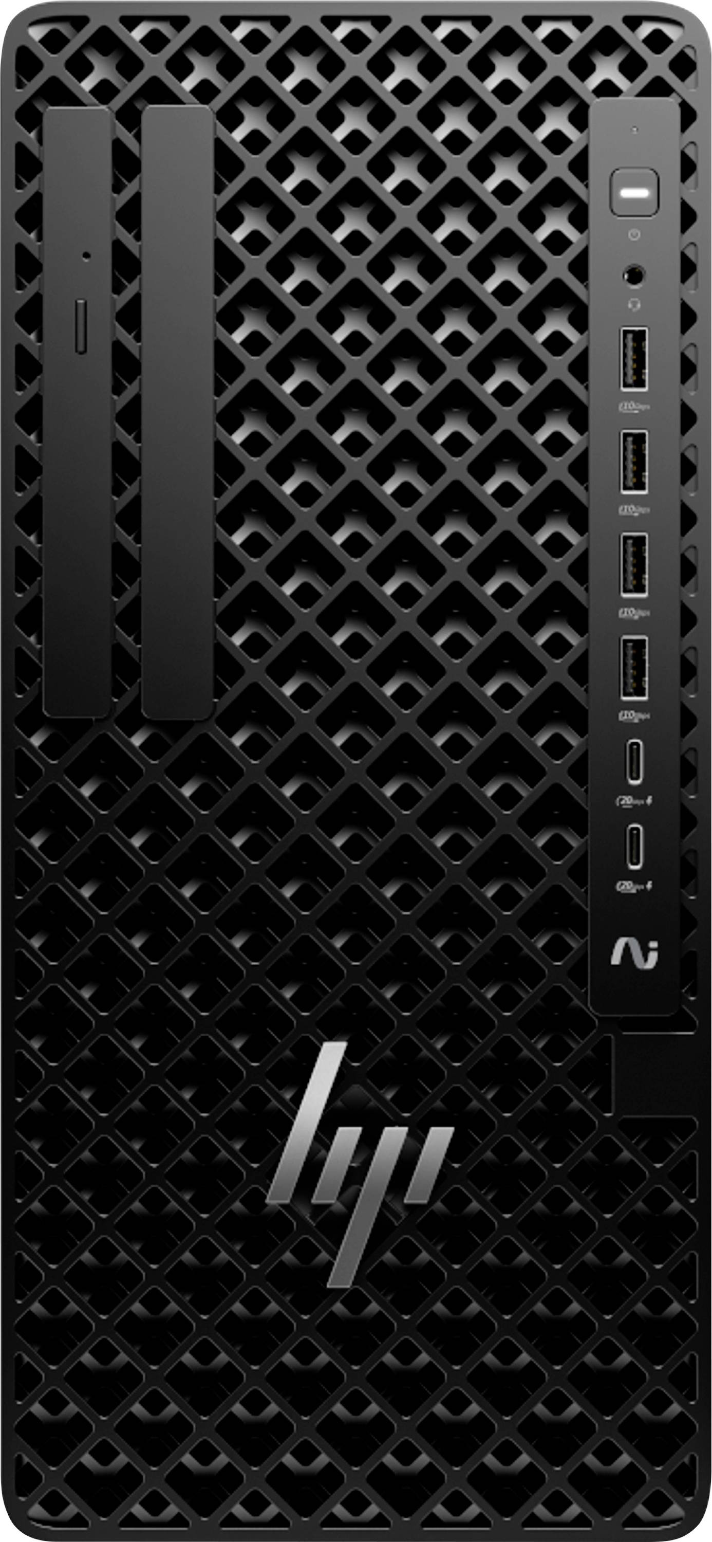 Das Bild zeigt die Vorderseite eines schwarzen Desktop-Computergehäuses mit einem geometrischen Gitterdesign, ausgestattet mit USB-Anschlüssen und dem Einschaltknopf auf der rechten Seite.