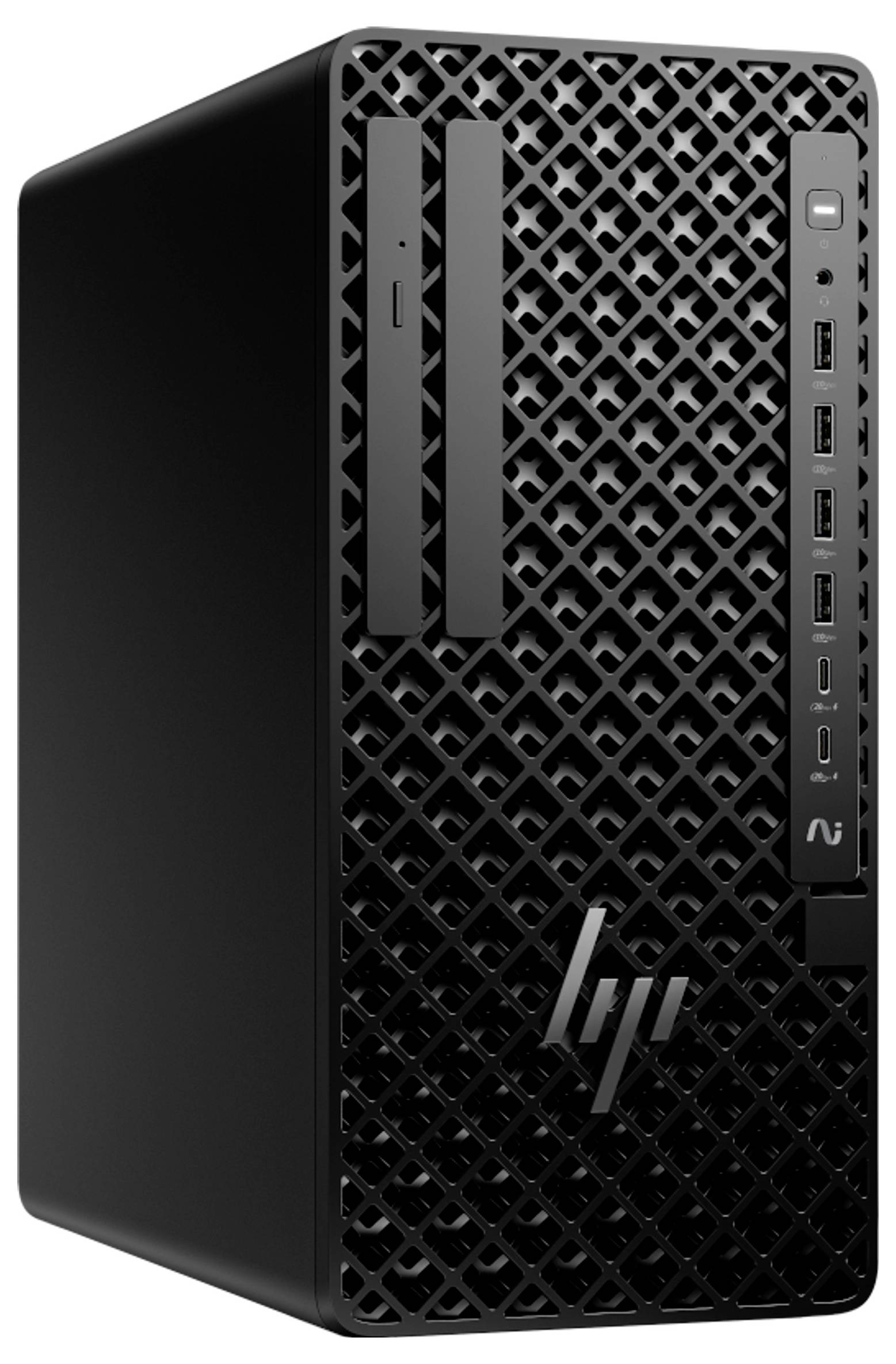 Ein schwarzer Desktop-Computerturm mit einer gemusterten Frontplatte, mehreren USB-Anschlüssen, Einschaltknopf und CD/DVD-Laufwerk an der Vorderseite.