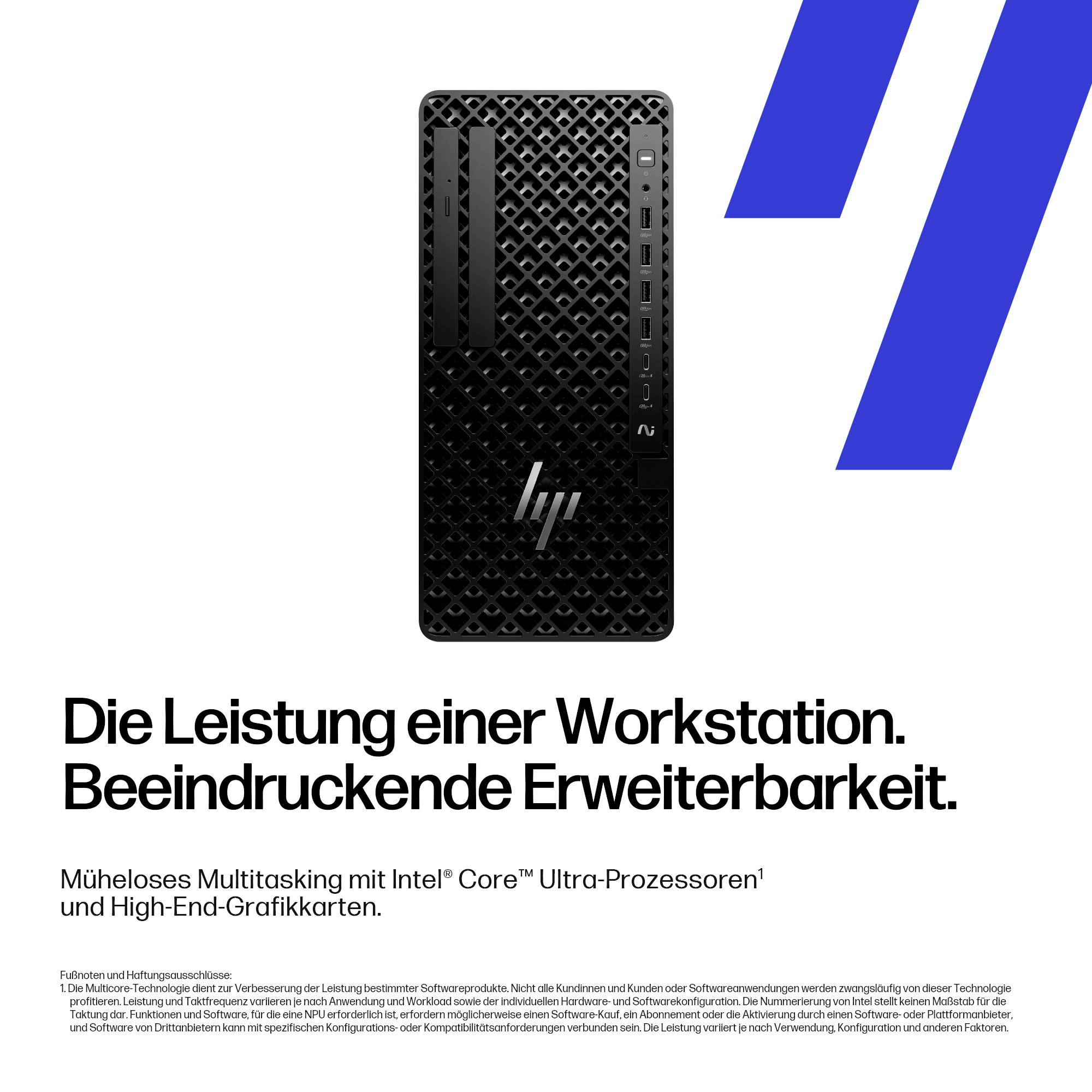 Ein schwarzer Computer-Tower mit einem Markenlogo, begleitet von deutschem Text, der seine Leistung und Vielseitigkeit hervorhebt und Intel Core Prozessoren präsentiert.