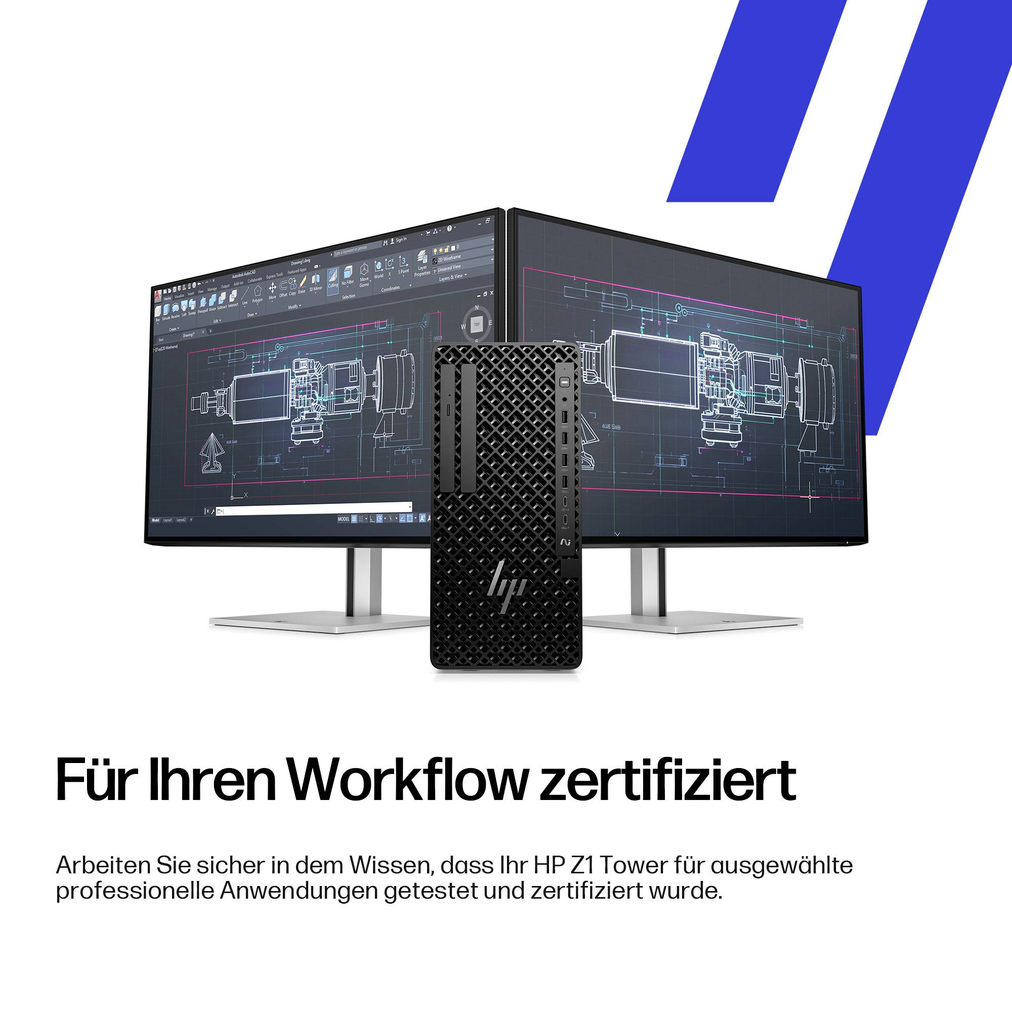 Eine Dual-Monitor-Konfiguration, die technische Baupläne anzeigt, mit einem schwarzen HP-Gerät im Vordergrund. Der deutsche Text hebt die Vorteile der Workflow-Zertifizierung hervor.