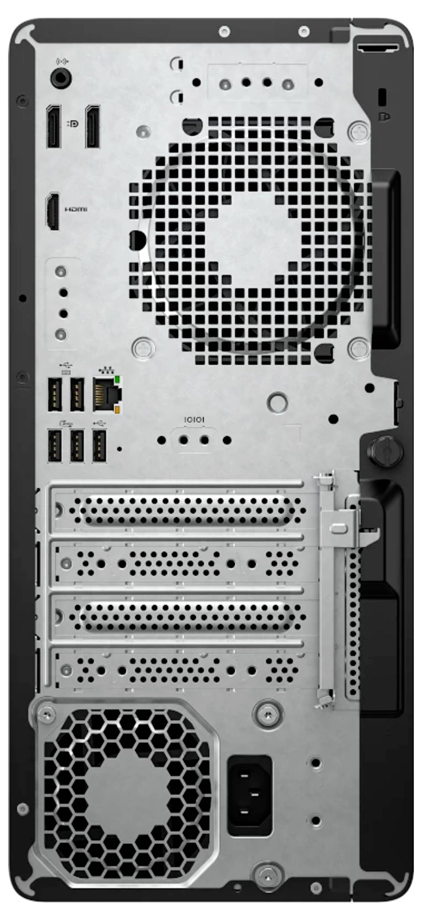 Bild der Rückseite eines Computertowers mit mehreren Anschlüssen und einem großen Kühlventilator.