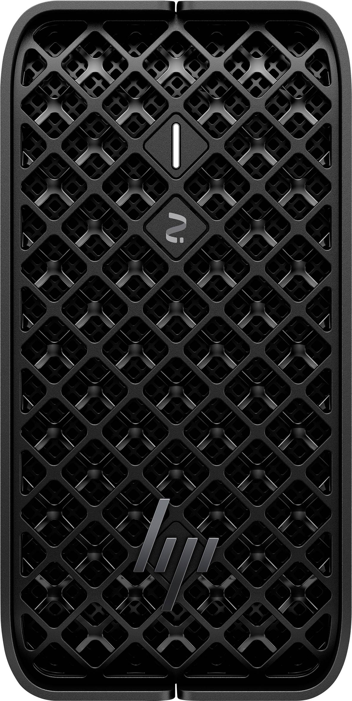 Ein schwarzer HP-Desktop-Computer mit einer Frontseite im Rautenmuster, versehen mit einem Powerknopf und Logo auf dem Gehäuse.