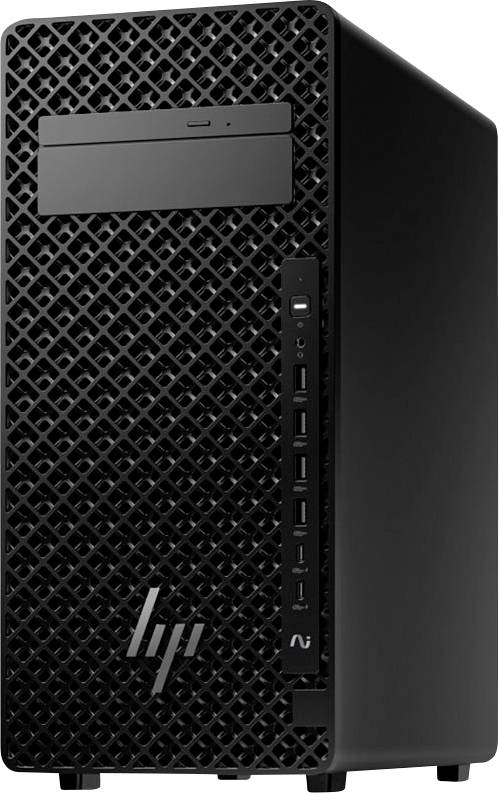 Ein schwarzer Desktop-Computerturm mit einer strukturierten Vorderseite, der mehrere USB-Anschlüsse und ein Diskettenlaufwerk aufweist.