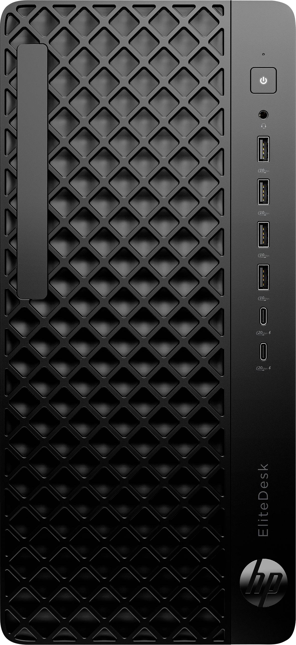 Ein schwarzer HP EliteDesk Computertower mit einer strukturierten Frontplatte und mehreren USB-Anschlüssen.