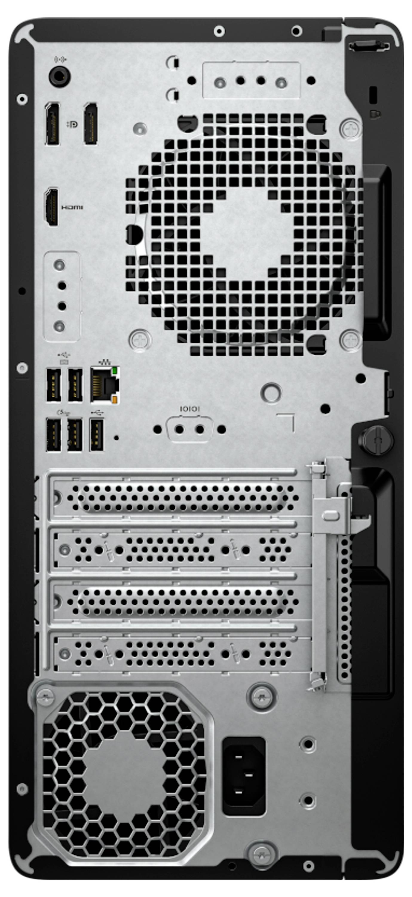 Rückansicht eines Computergehäuses mit verschiedenen Anschlüssen, Kühlventilator, Netzteil und Erweiterungssteckplätzen.