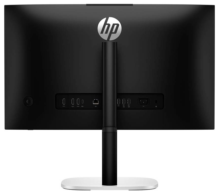 Das Bild zeigt die Rückansicht eines HP-Monitors mit Eingangsbuchsen und einem Ständer.