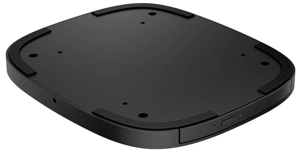 Schwarze, quadratische, kabellose Ladestation mit abgerundeten Kanten und einem dezenten Knopf an der Seite.