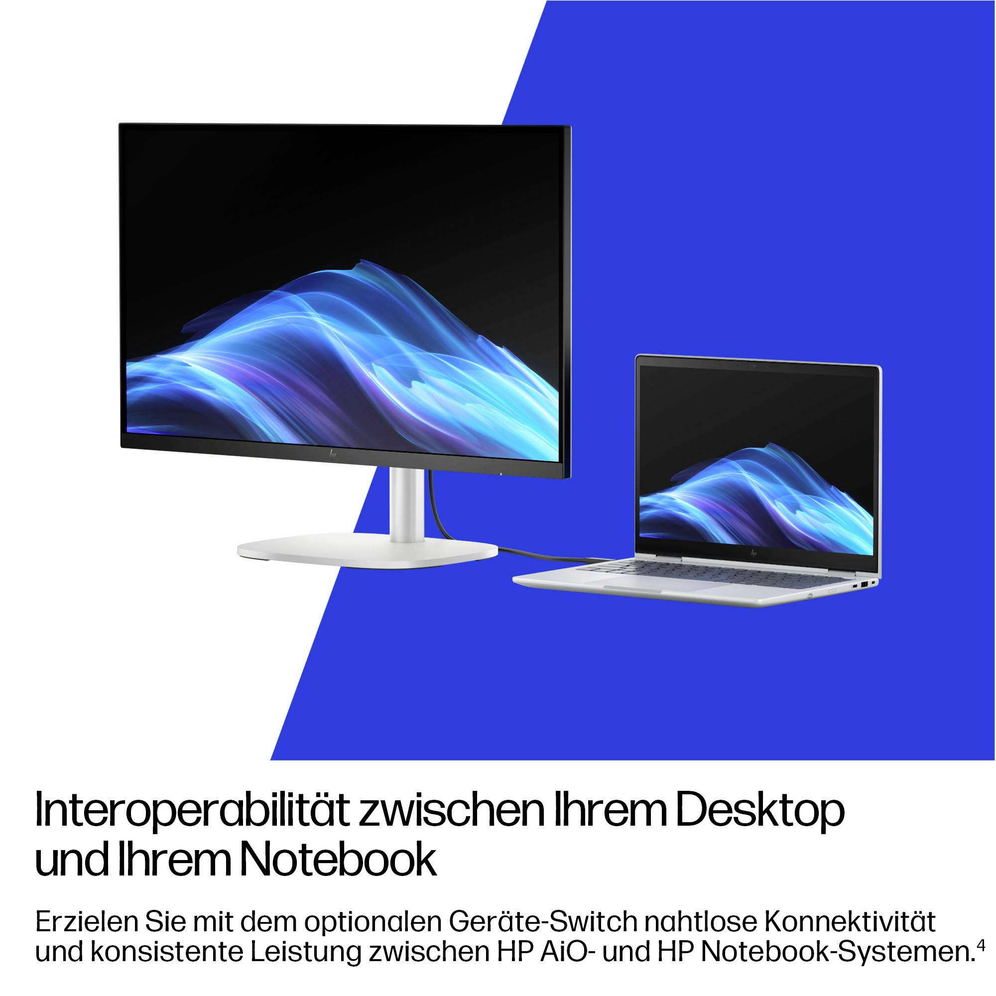 Ein Desktop-Monitor und ein Laptop sind verbunden und zeigen ähnliche blaue Wellengrafiken. Der Text darunter diskutiert die Interoperabilität zwischen Desktop-Computern und Notebooks.