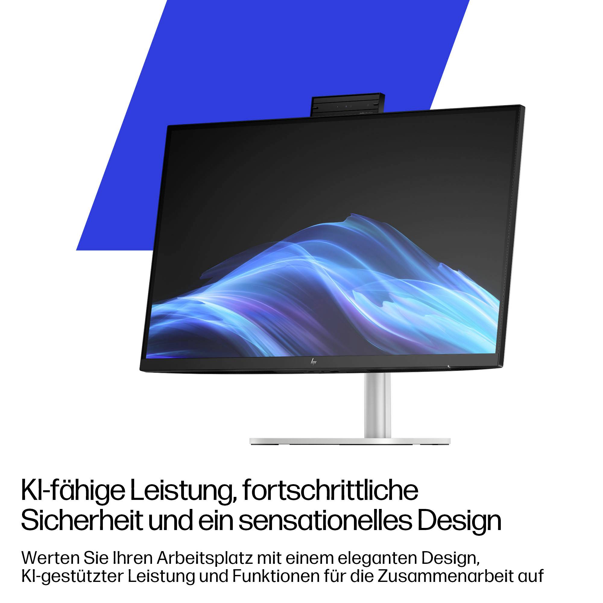 Ein schlanker Computermonitor, der blaue Wellenmuster zeigt, mit Text auf Deutsch, der KI-Leistung, Sicherheit und Designverbesserungen bewirbt.