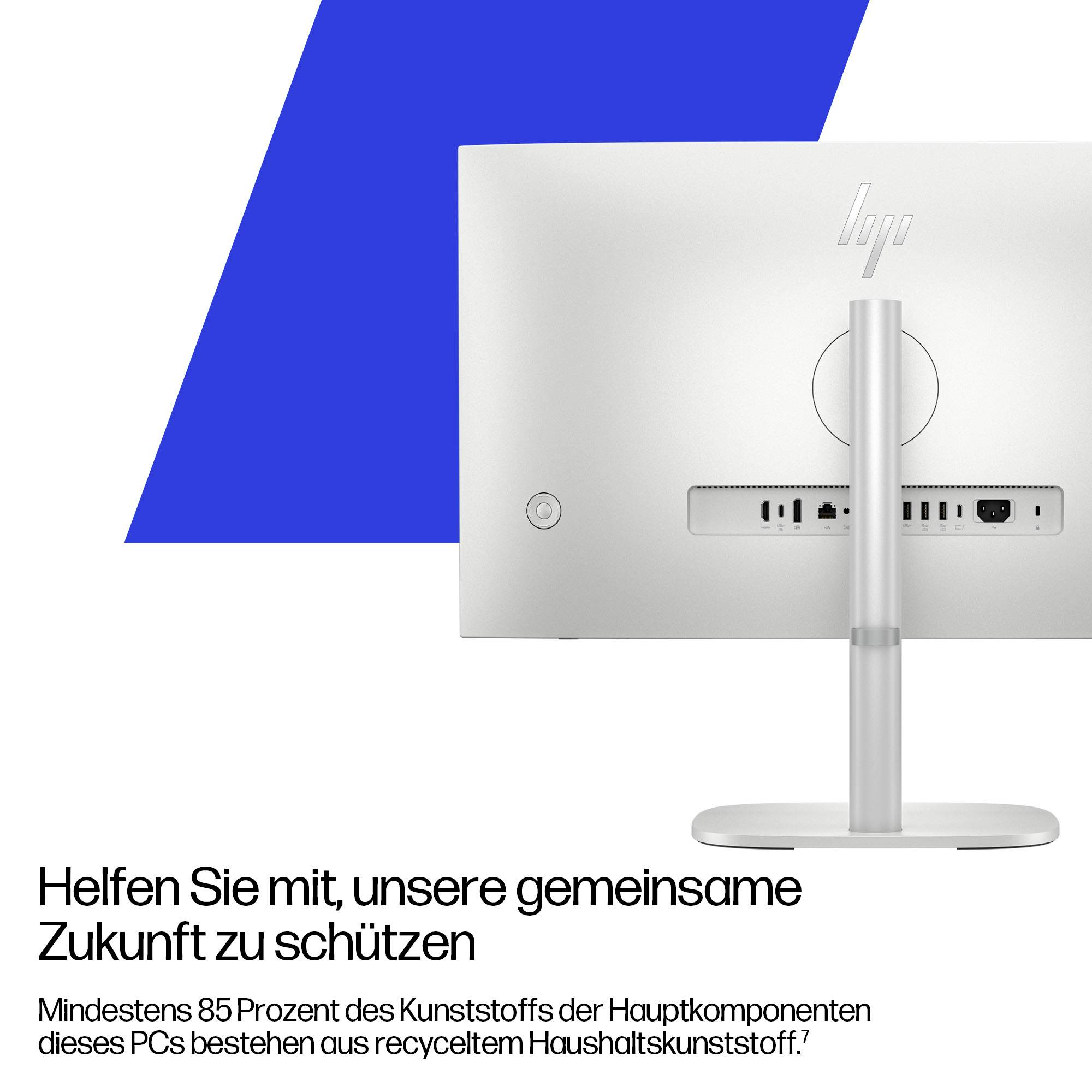 Ein silberner HP-Computermonitor auf einem Ständer vor einem blauen geometrischen Hintergrund. Der deutsche Text betont die Nachhaltigkeit der Produktmaterialien.