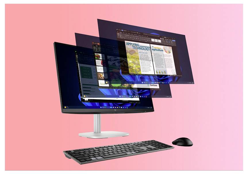 Ein Desktop-Computer, der mehrere überlappende Fenster mit verschiedenen Anwendungen gegen einen rosa Hintergrund zeigt und Multitasking veranschaulicht.