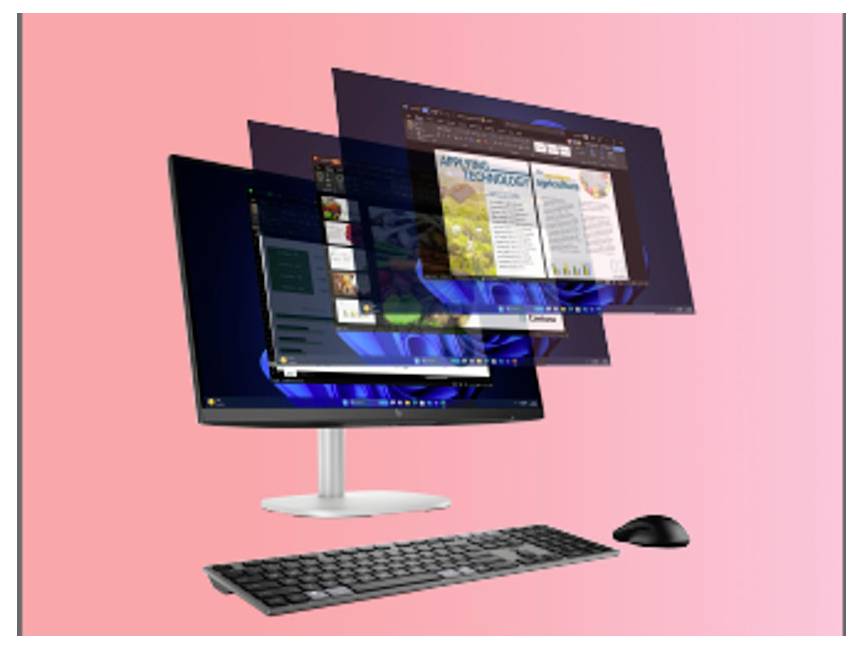 Ein Computermonitor zeigt mehrere überlappende Softwarefenster, mit einer Tastatur und Maus davor, vor einem rosa Verlaufshintergrund.