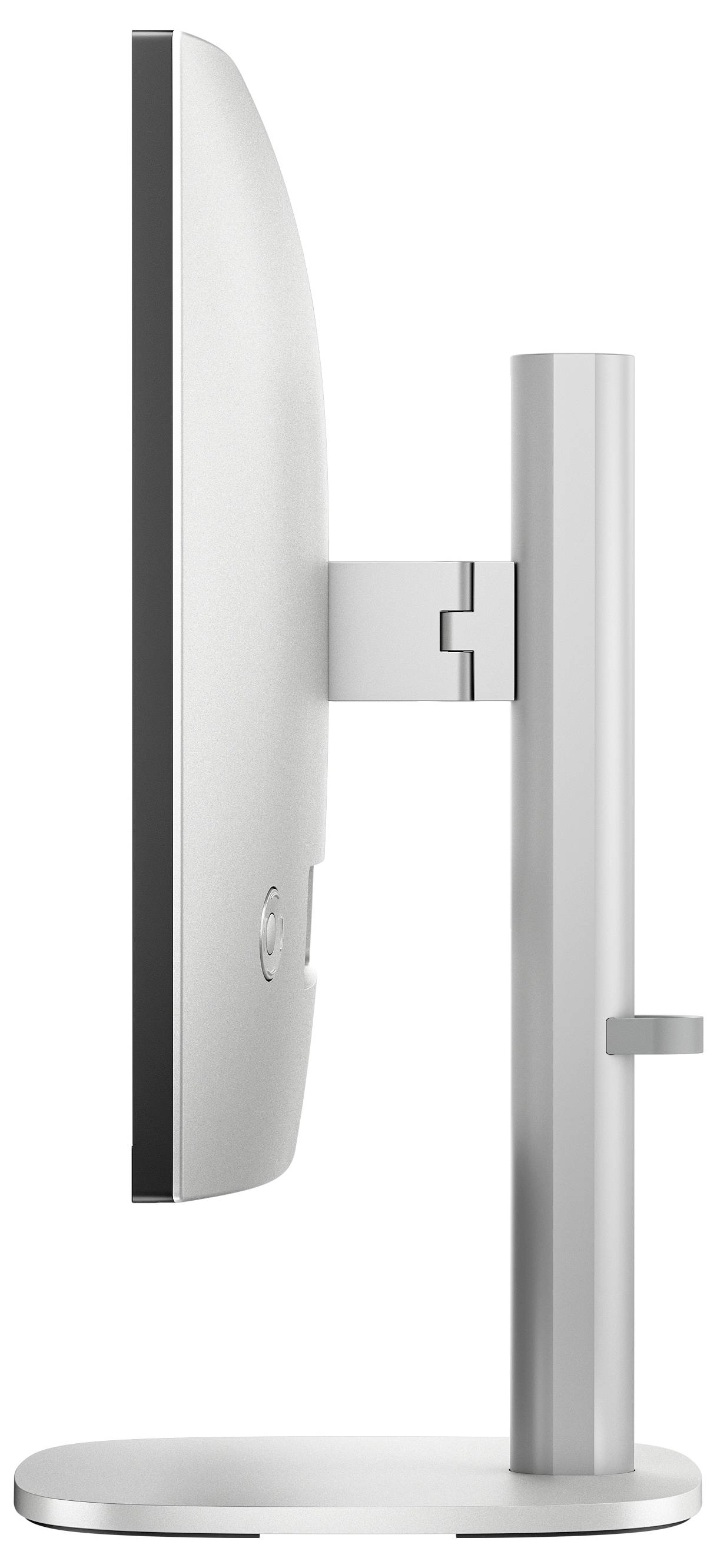 Ein schlanker, silberner Computermonitor, von der Seite gezeigt, mit Betonung seiner dünnen Silhouette und verstellbaren Halterung.