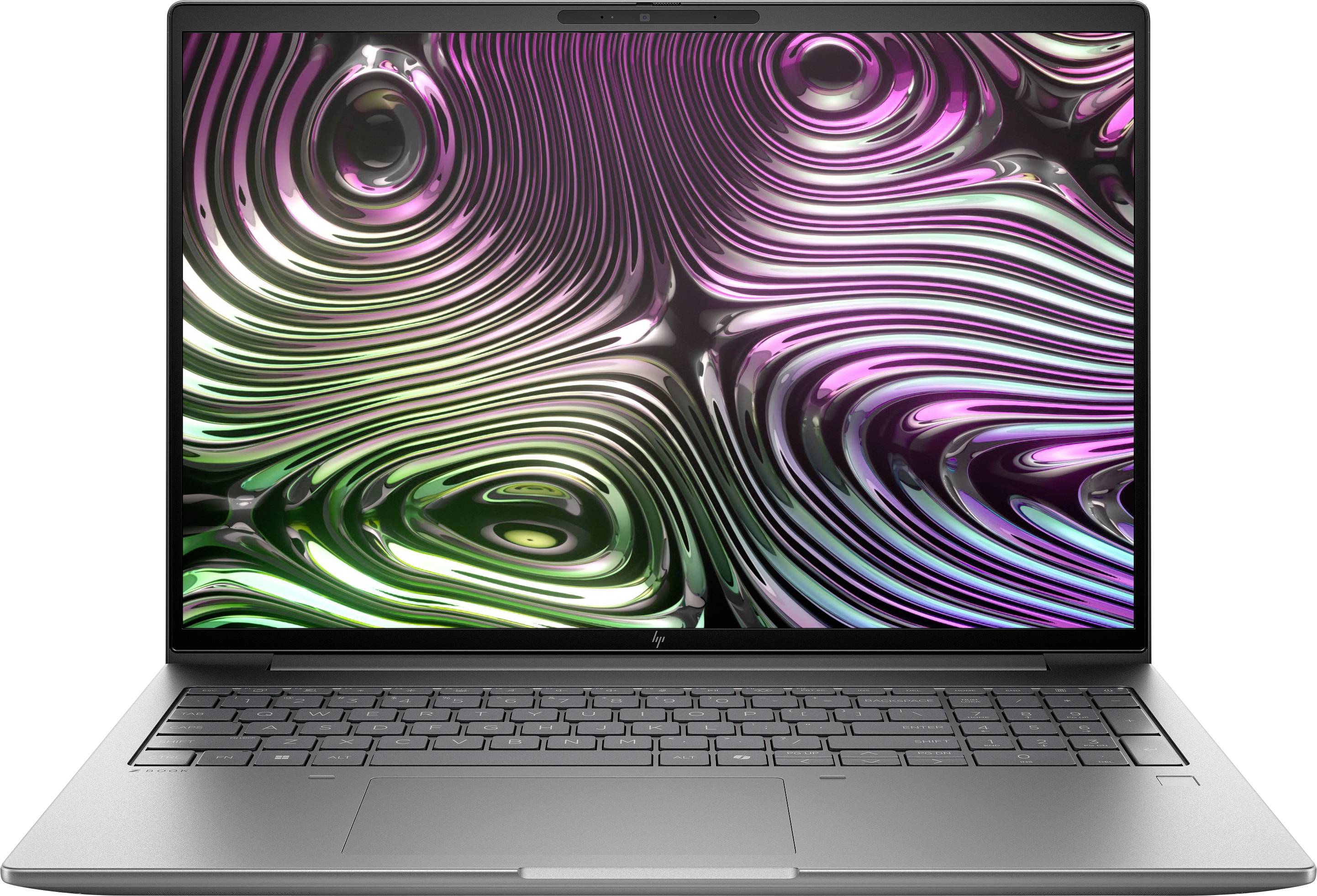 Ein Laptop mit einem einzigartigen, farbenfrohen abstrakten Wirbeldesign auf dem Bildschirm. Der Laptop ist geöffnet und zeigt eine graue Tastatur.