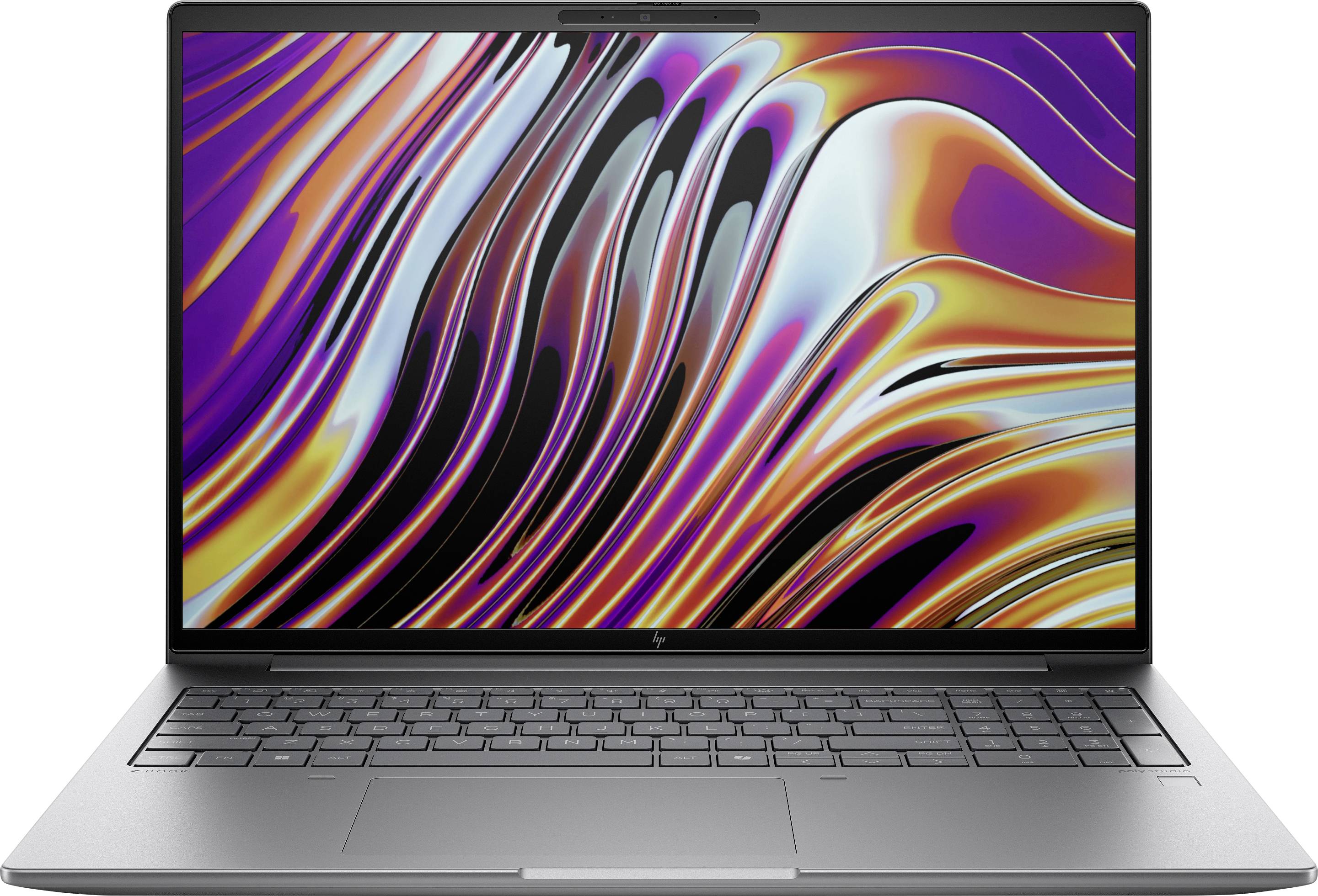 Ein schlankes Laptop mit einem lebendigen, abstrakten Design auf dem Bildschirm, das wellenförmige Strömungen in Orange, Rosa und Weiß zeigt.