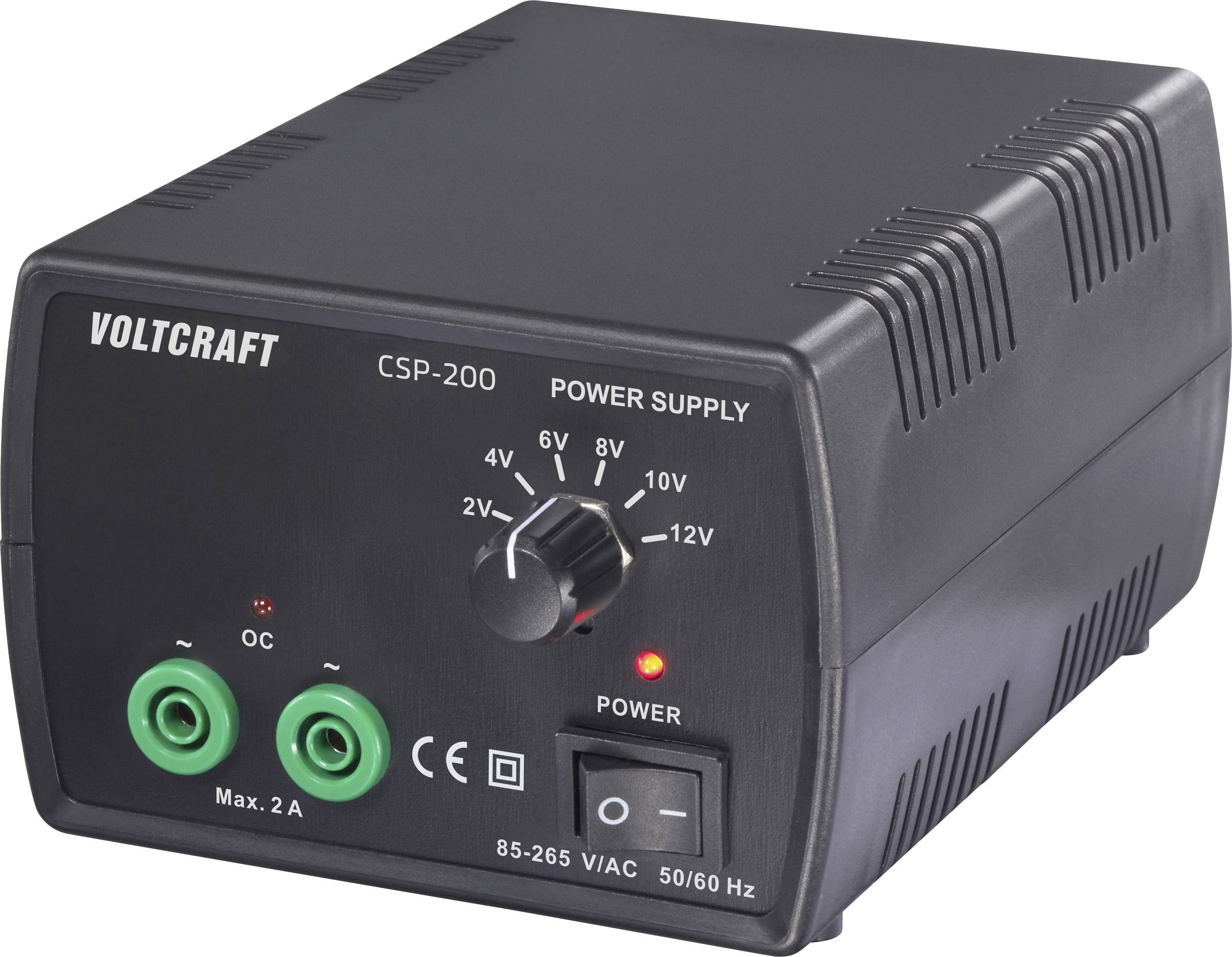 Eine schwarze Voltcraft CSP-200 Stromversorgung mit einstellbarem Spannungsregler, zwei grünen Ausgangsklemmen und gekennzeichneten Bedienelementen auf der Frontplatte.