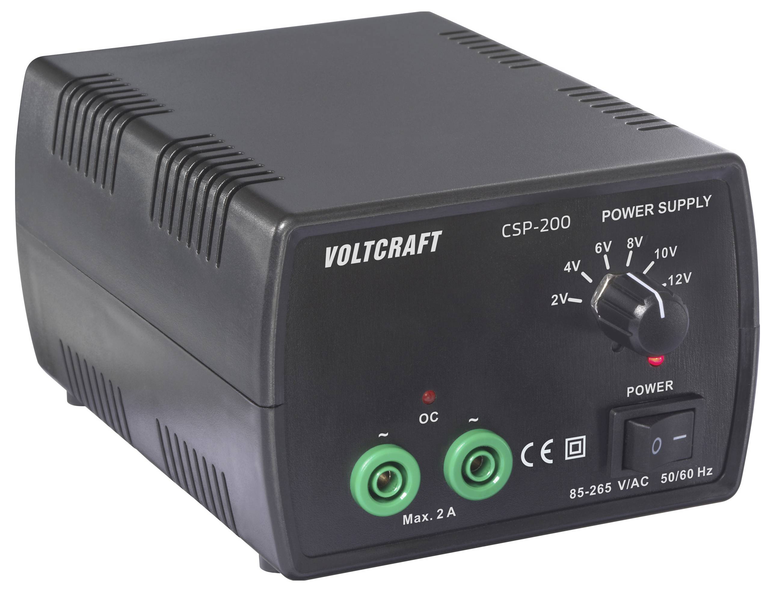 Spannungsverstellbares Netzteil 'VOLTCRAFT CSP-200' mit Drehreglern im Bereich von 2V bis 12V und zwei 2A-Ausgangsklemmen.