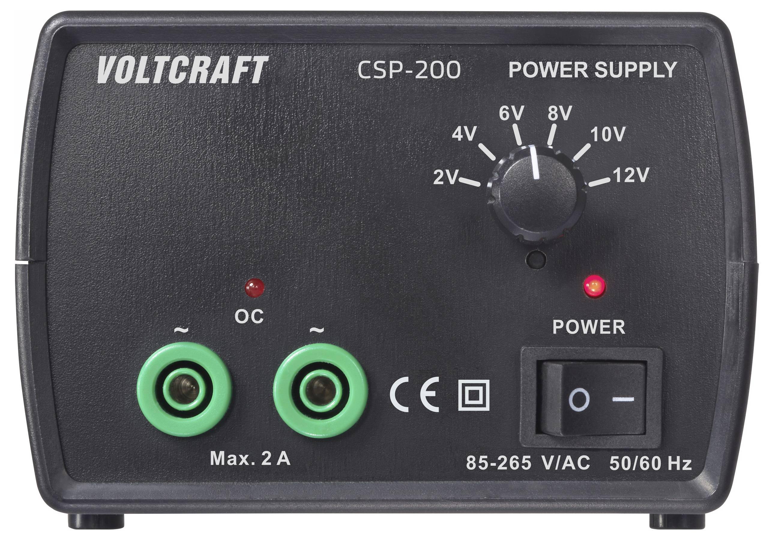 Voltcraft CSP-200 Stromversorgung mit einstellbarem Spannungsregler (2V-12V), zwei Ausgangsanschlüssen, Stromschalter und LED-Anzeigen.