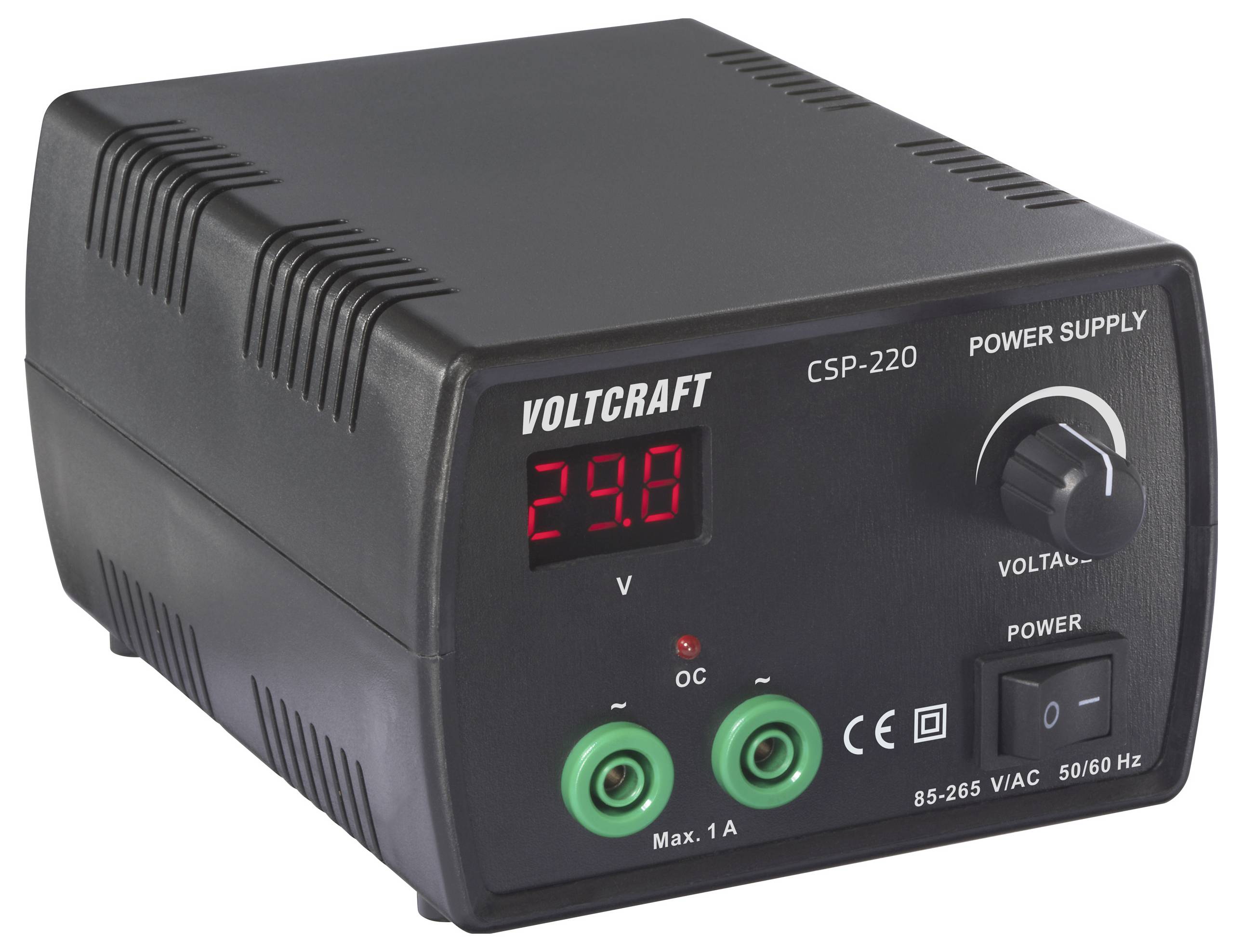 Ein schwarzes Voltcraft CSP-220 Netzteil mit digitaler Anzeige, die „29,8 V