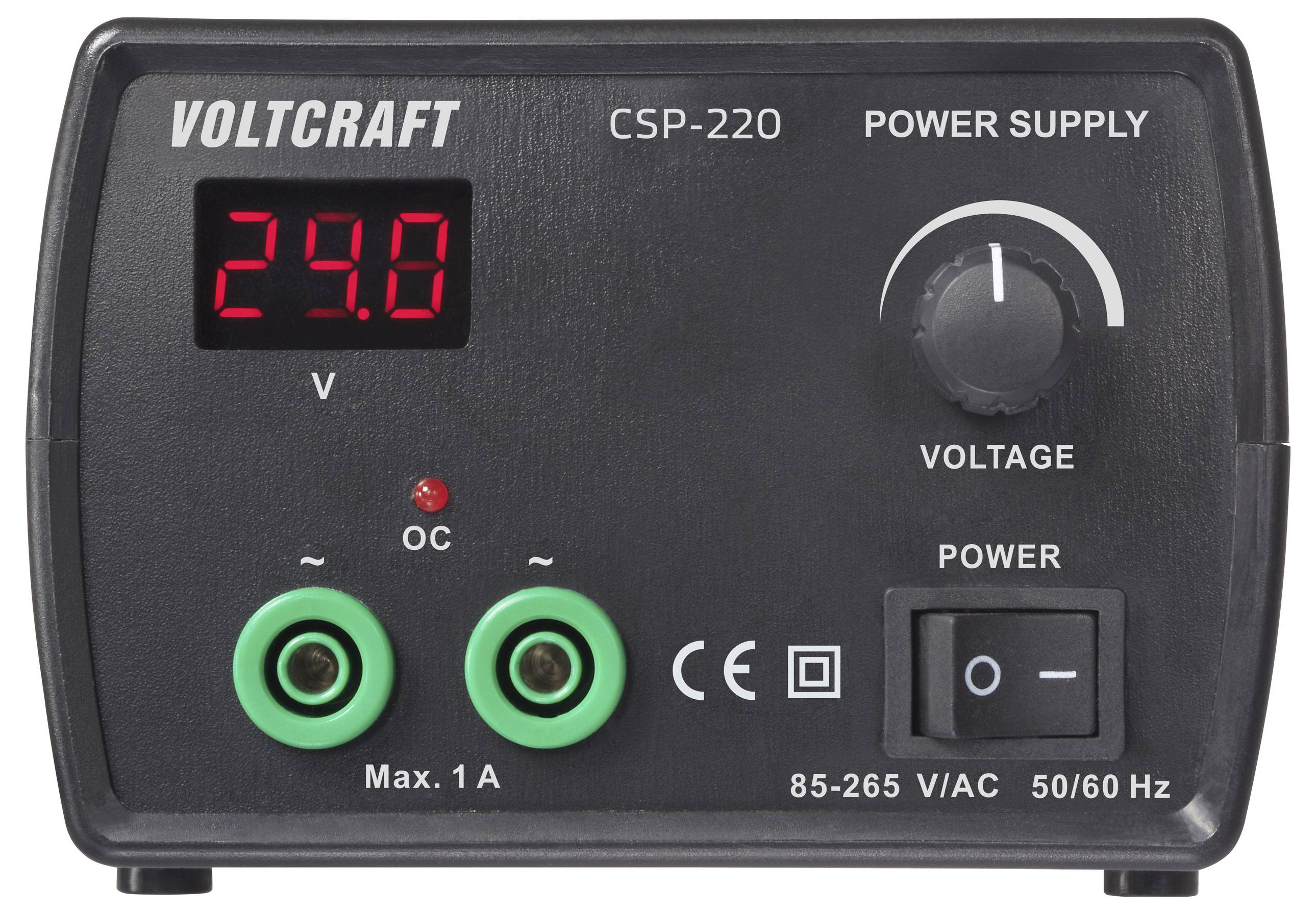 Eine schwarze Stromversorgungseinheit mit '29,8 V' auf dem LED-Display, mit einem Spannungsregelungsknopf und grünen Ausgangsklemmen, die mit 'Max. 1 A' gekennzeichnet sind.