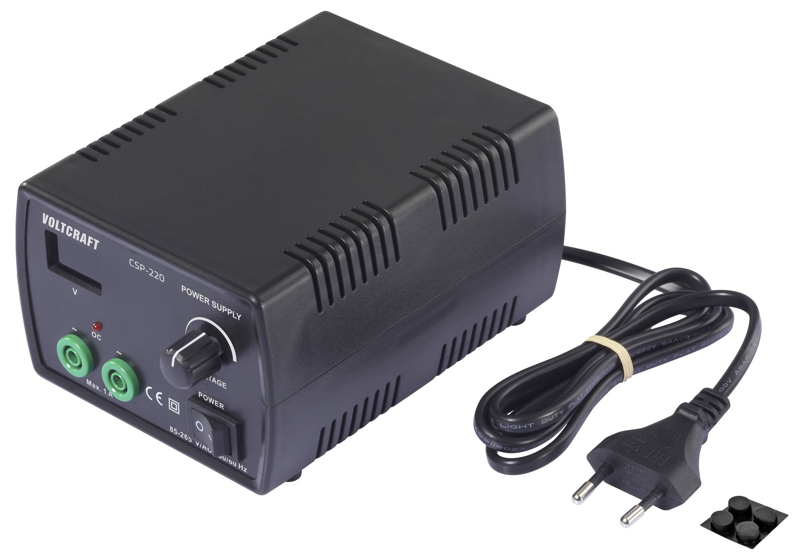 Voltcraft C-50 220 Netzteil mit zwei grünen Ausgangsklemmen, einem Drehregler zur Spannungseinstellung, einem Netzschalter und einem angeschlossenen Stromkabel.