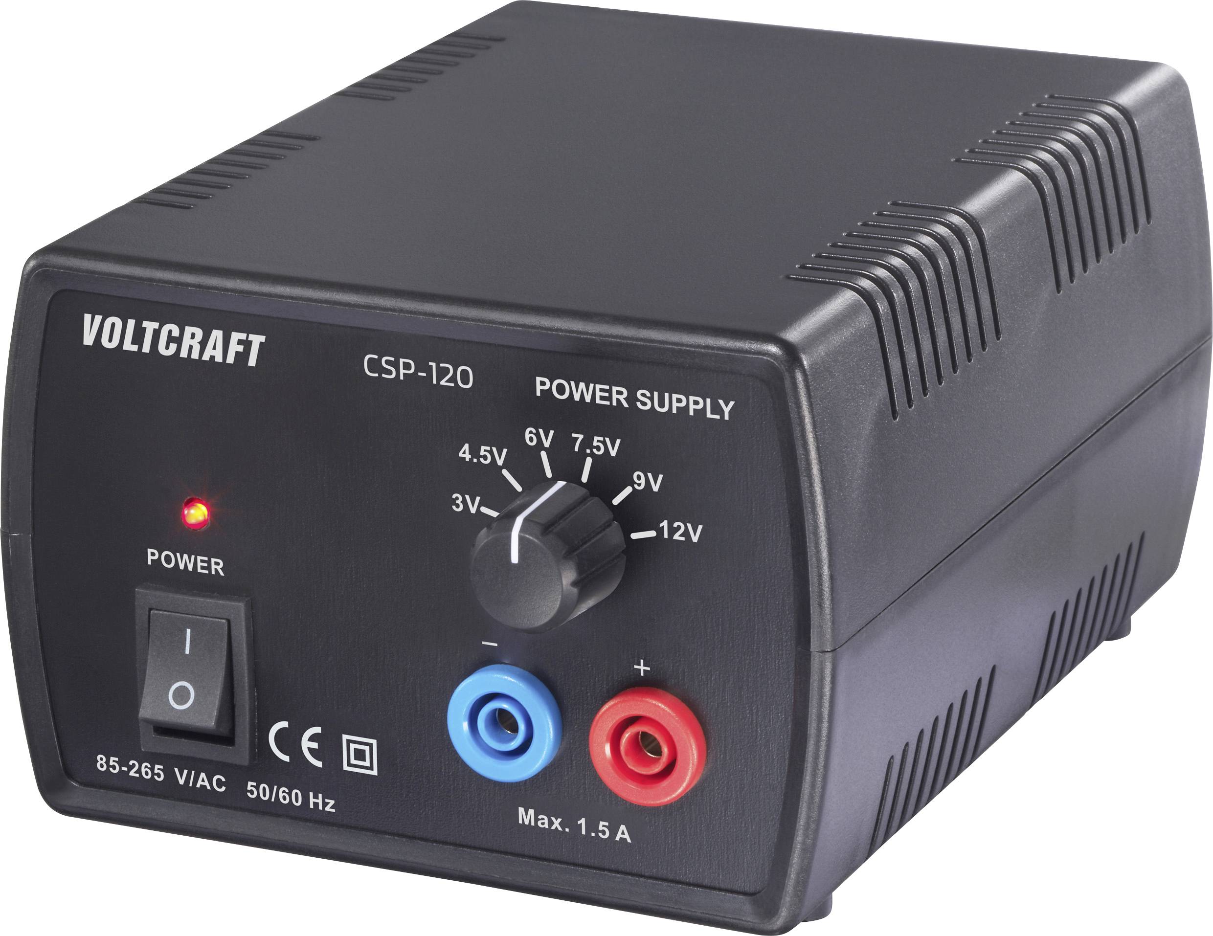 Voltcraft CSP-120 Stromversorgung mit einstellbarem Spannungsregler (3V-12V) und maximaler Stromstärke von 1,5A. Ausgestattet mit Netzschalter, LED-Anzeige und dualen Ausgangsklemmen.