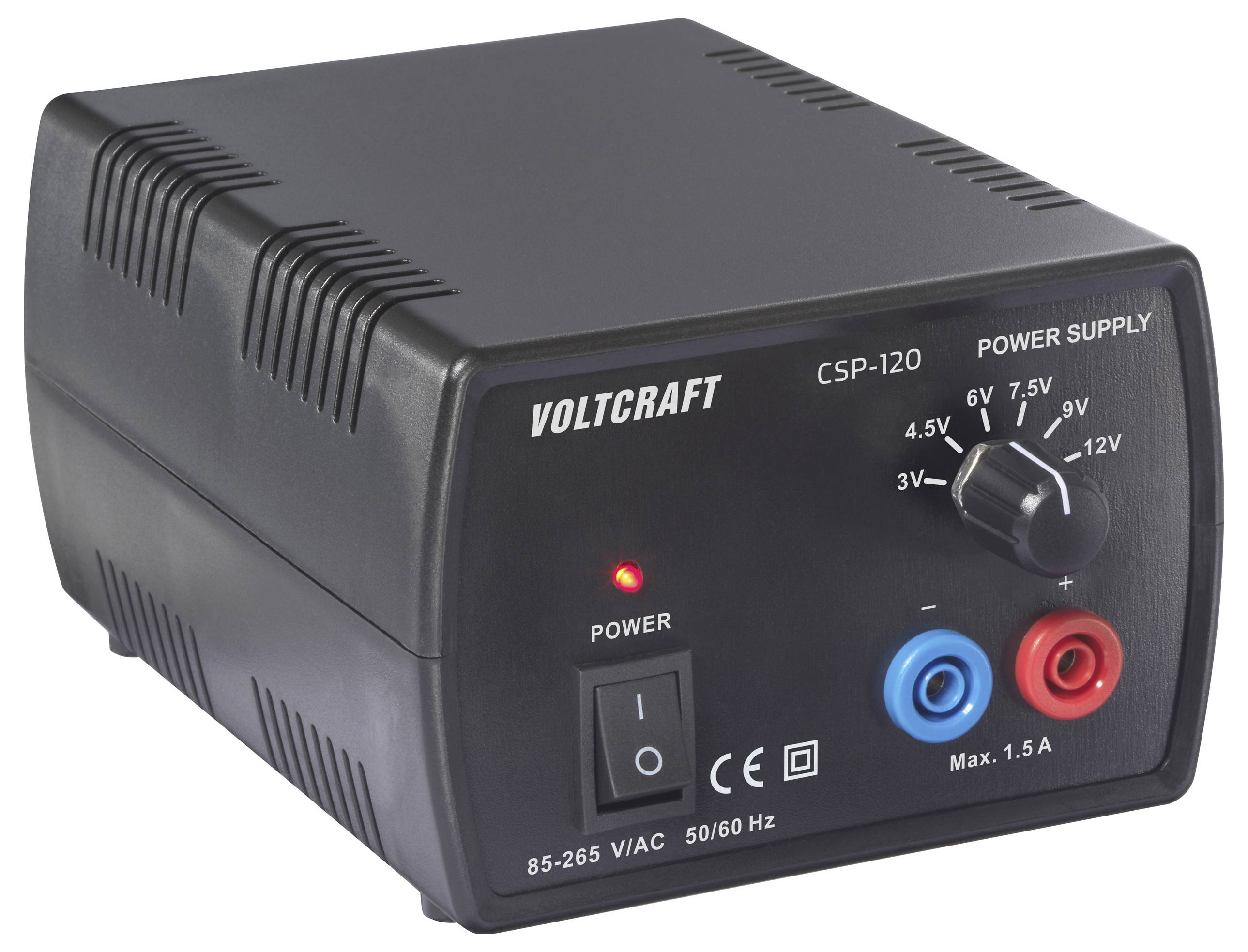 Ein schwarzes Voltcraft CSP-120-Netzteil mit einstellbarem Spannungsregler und Netzschalter. Ausgänge: blaue und rote Stecker.