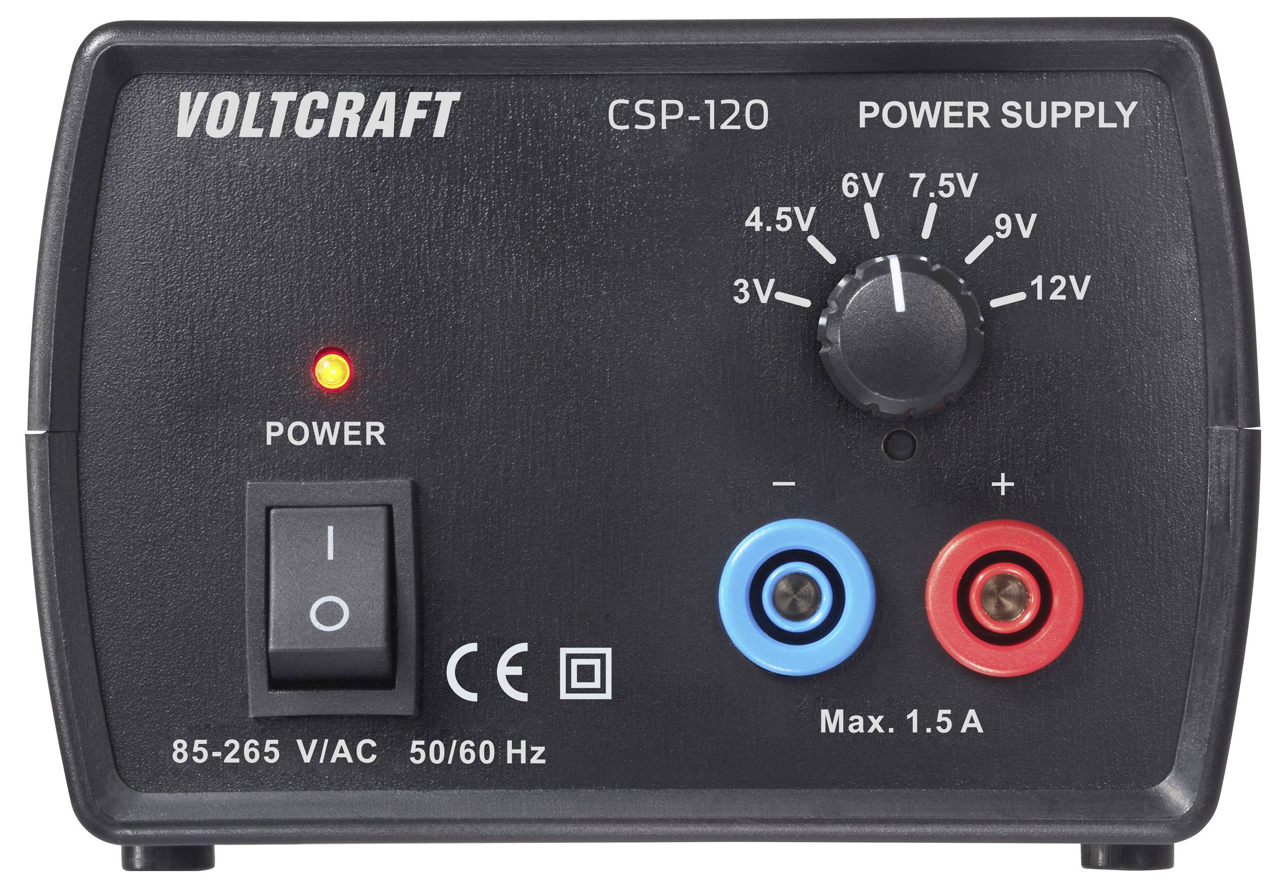 Eine schwarze Stromversorgungseinheit mit einem Drehregler mit Beschriftung von 3V bis 12V, einen Ein-/Ausschalter und zwei Ausgangsklemmen in Blau und Rot.