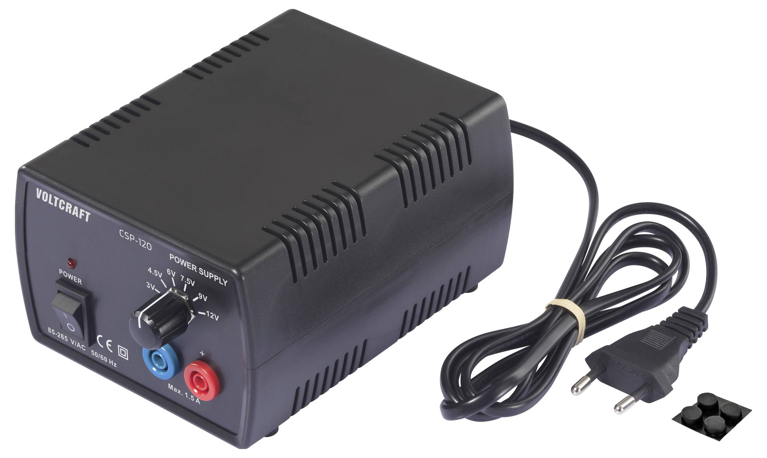 Ein schwarzes Voltcraft CSR-320 Netzteil mit Ein-/Aus-Schalter, Spannungsregler und roten und blauen Ausgangsklemmen. Es enthält ein Stromkabel.