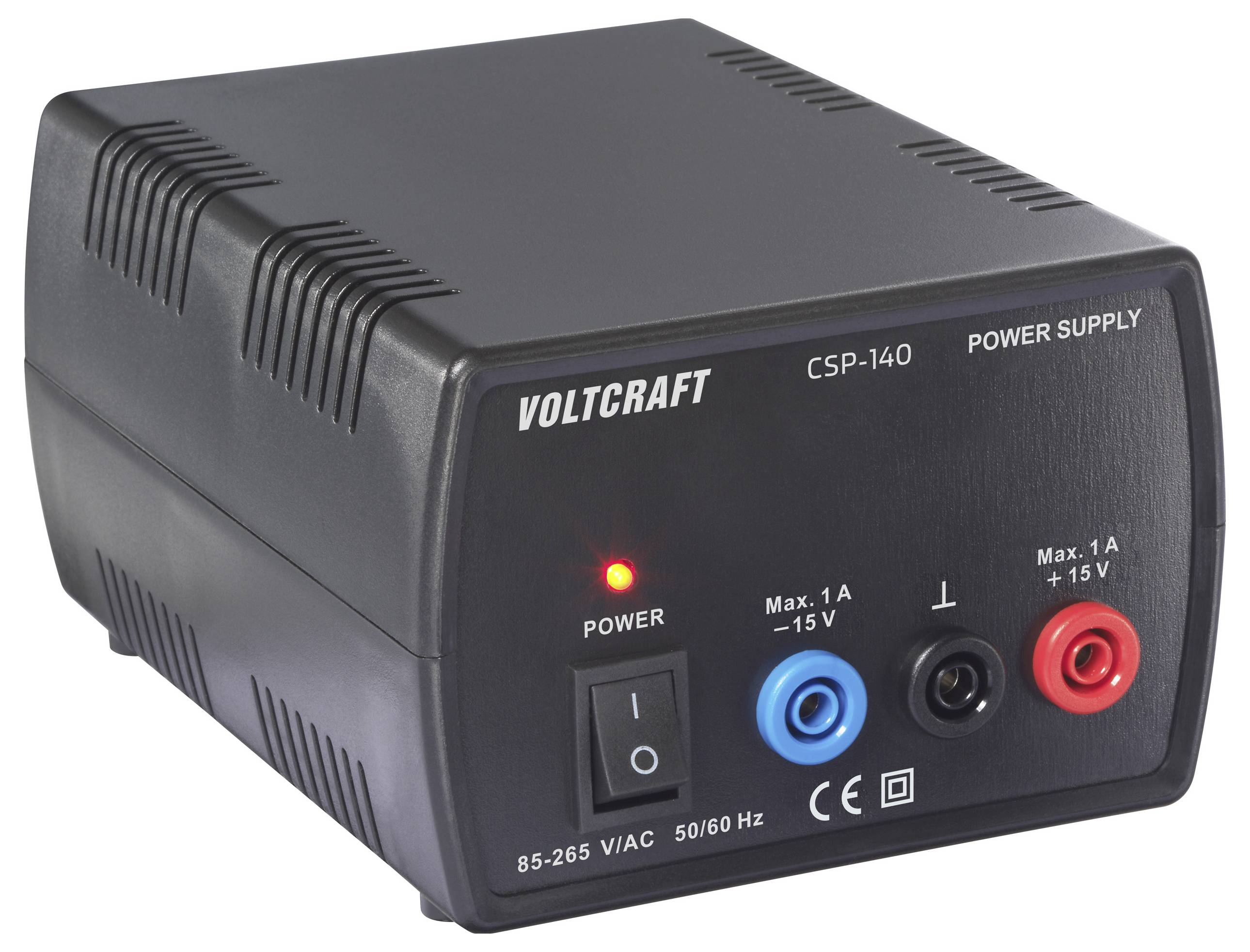 Ein schwarzes Volcraft CSP-140 Netzteil mit gekennzeichneten Ausgängen und Eingangsspezifikationen, mit rotem Anzeigelicht und verschiedenen Anschlüssen.