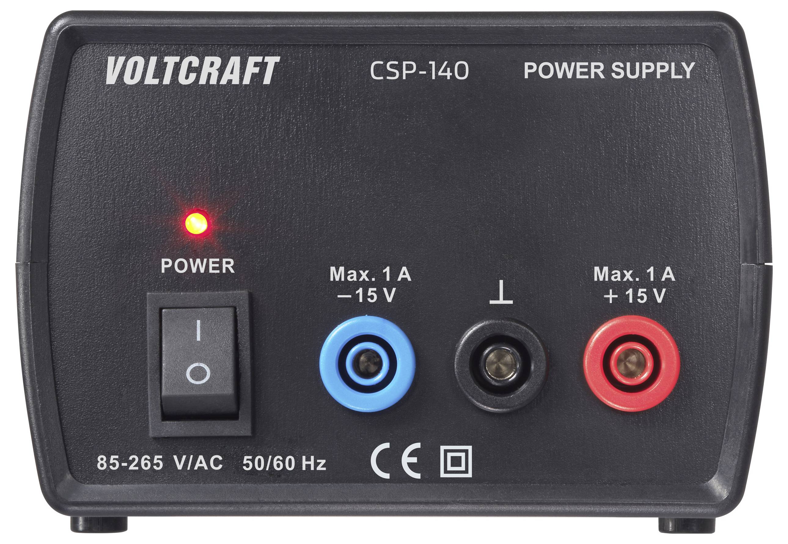 Frontplatte des Voltcraft CSP-140 Netzteils mit Ein-/Ausschalter, 85-265V/AC, 50/60Hz Eingang und +/-15V, Max. 1A Ausgangsklemmen.