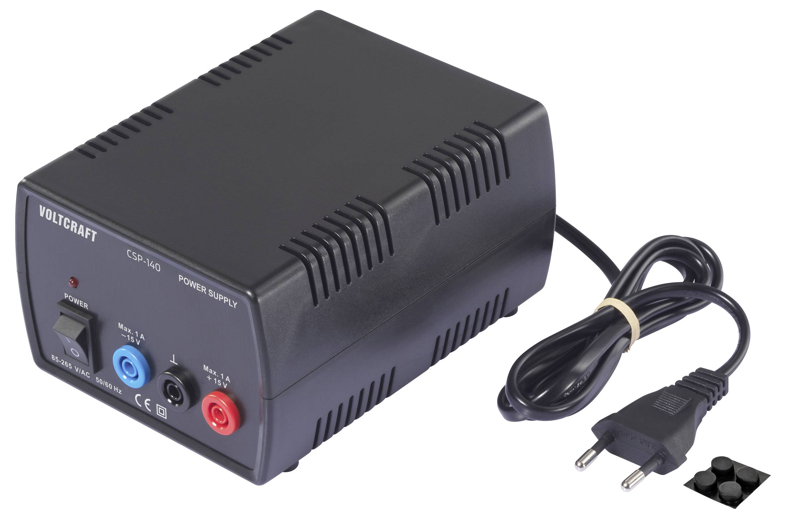 VOLTCRAFT-Stromversorgungseinheit mit roten und blauen Anschlüssen, Netzschalter und angebrachtem Stromkabel mit Stecker.