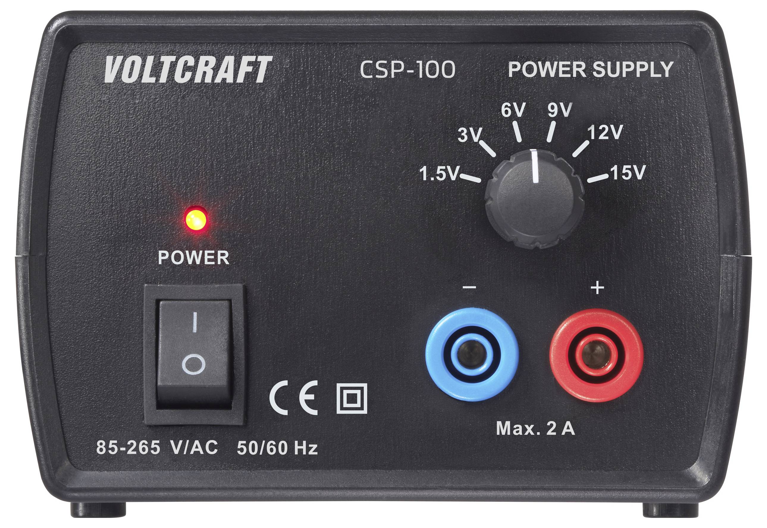 Spannungsversorgungsgerät mit der Bezeichnung 'VOLTCRAFT CSP-100'. Verfügt über einen verstellbaren Spannungsregler mit Einstellungen von 1,5V bis 15V, einen Stromschalter und mit blau und rot gekennzeichnete Ausgänge.
