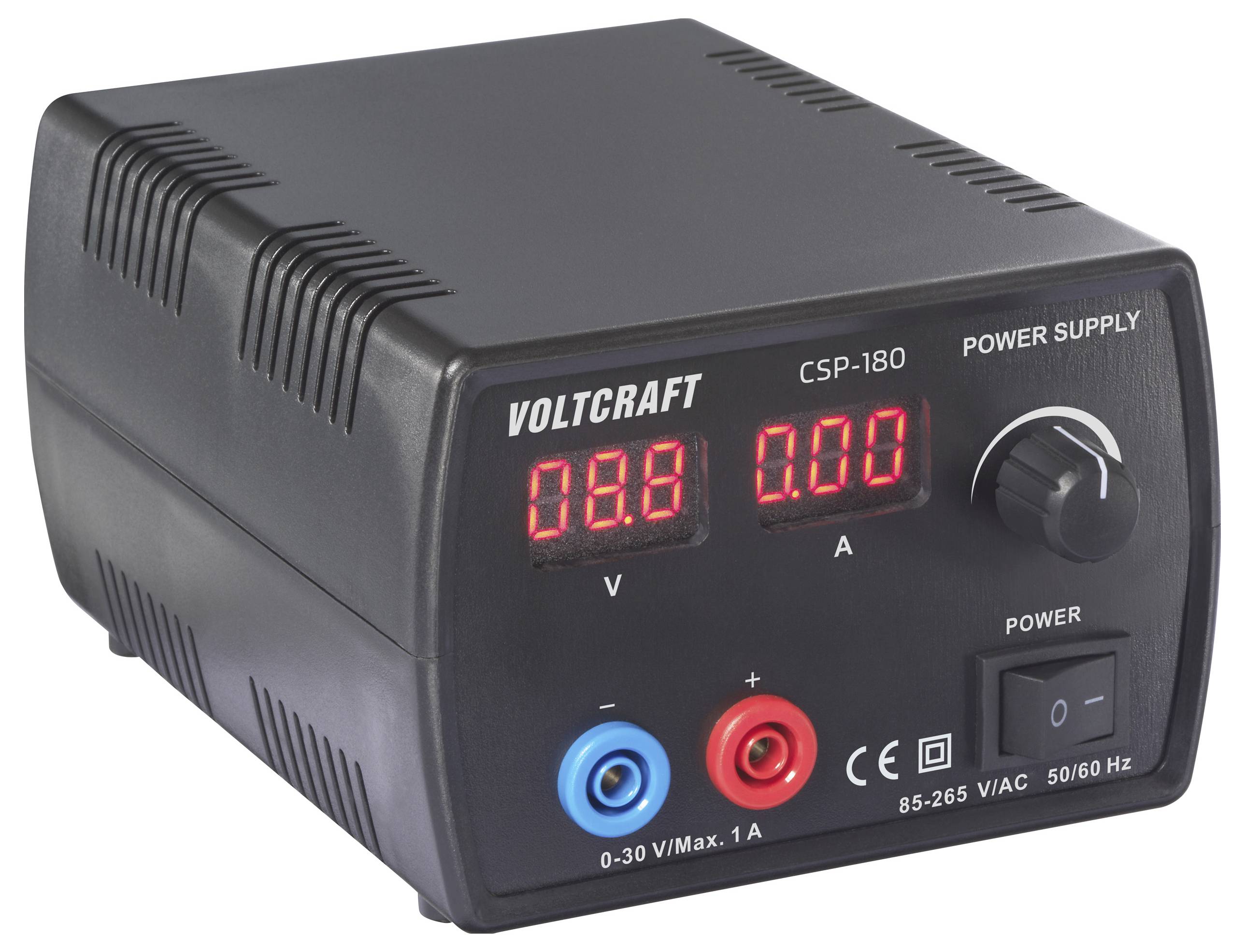 Ein schwarzes Voltcraft CSP-180 Netzteil mit digitaler Anzeige, die „0.00