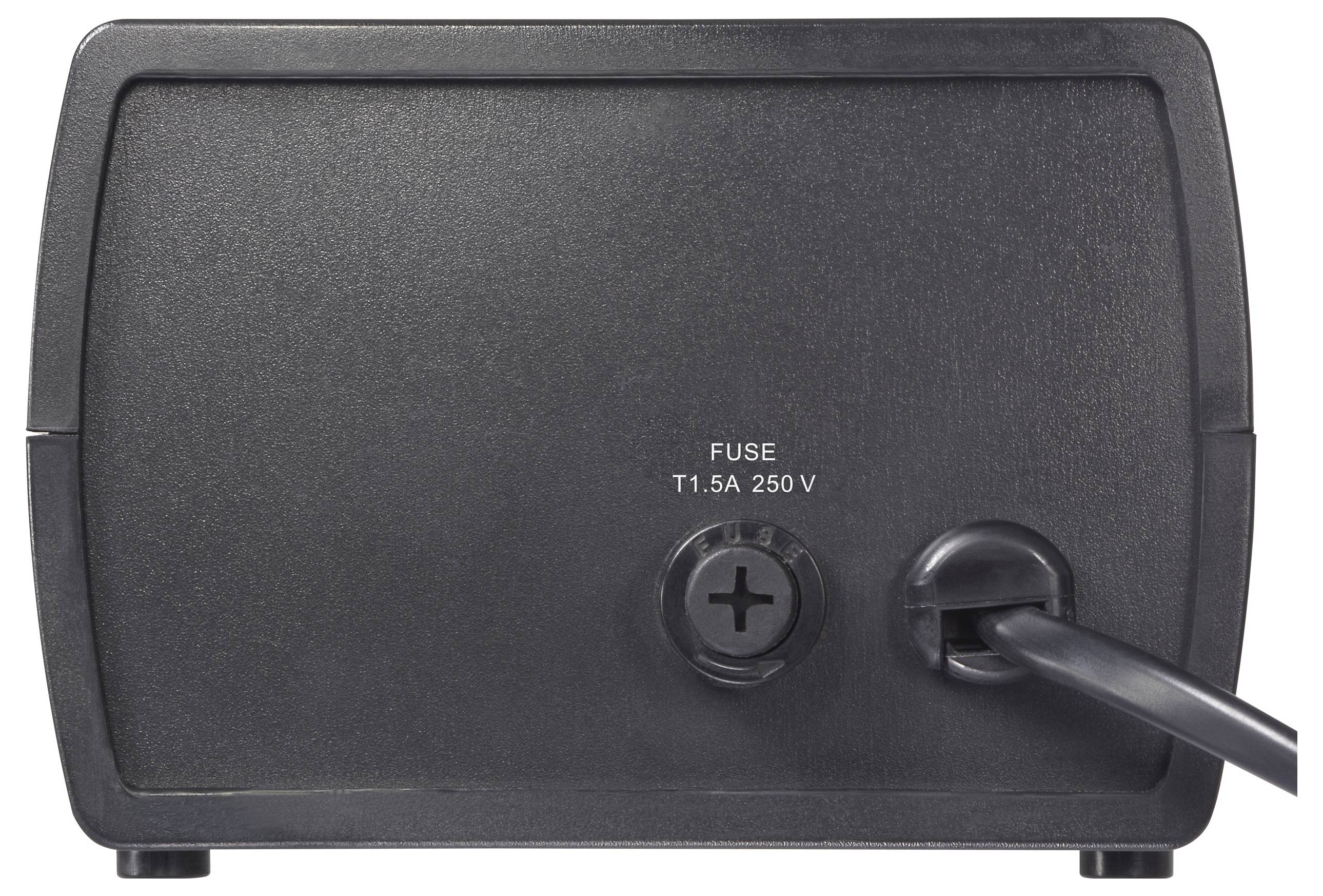 Das Bild zeigt die Rückseite eines Elektrogeräts mit einem sichtbaren Sicherungsschlitz mit der Aufschrift „FUSE T1.5A 250V