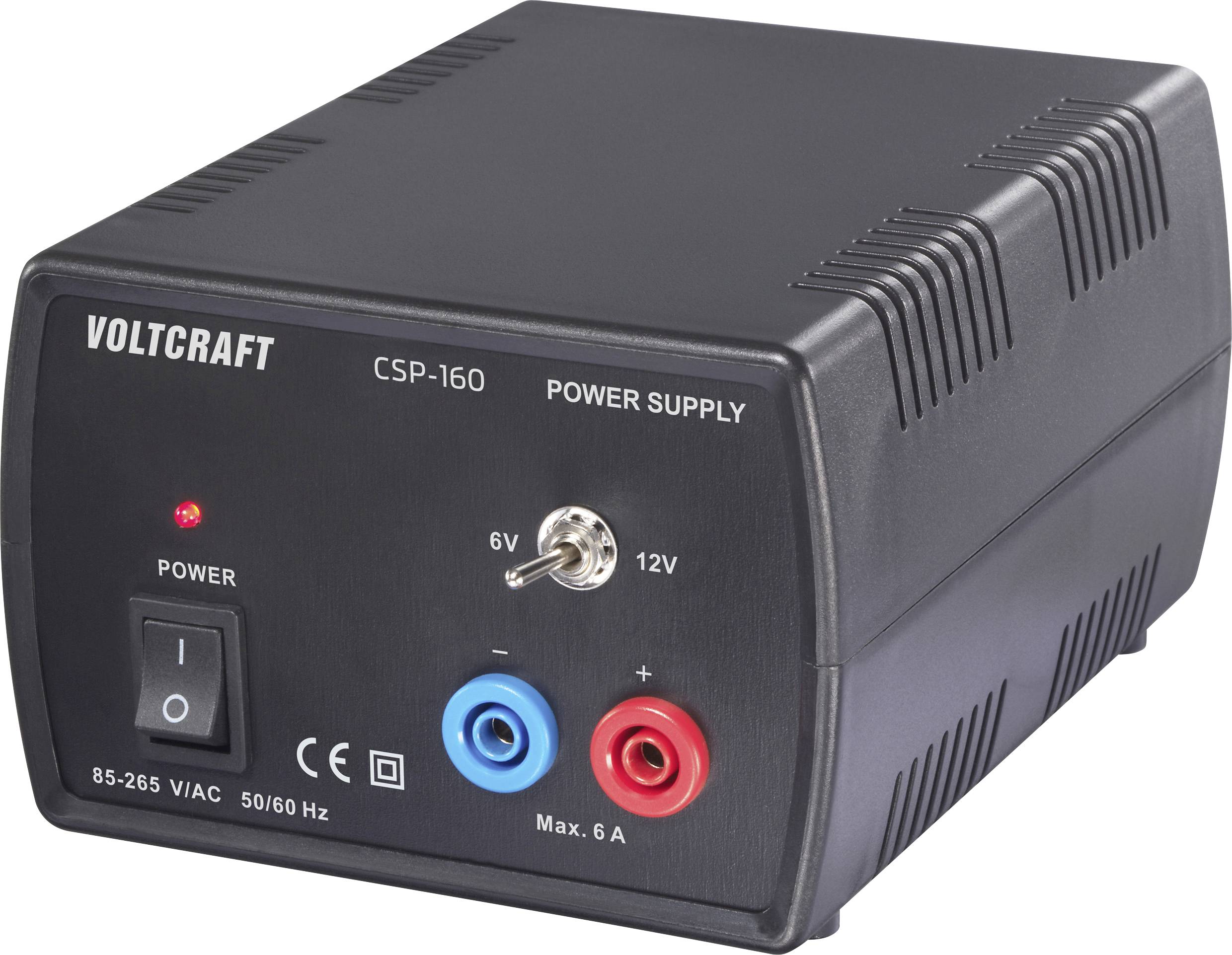 Voltcraft CSP-160 Netzteil mit Schalter für 6V und 12V Ausgänge, LED-Anzeige und Stromschalter auf der Frontplatte.