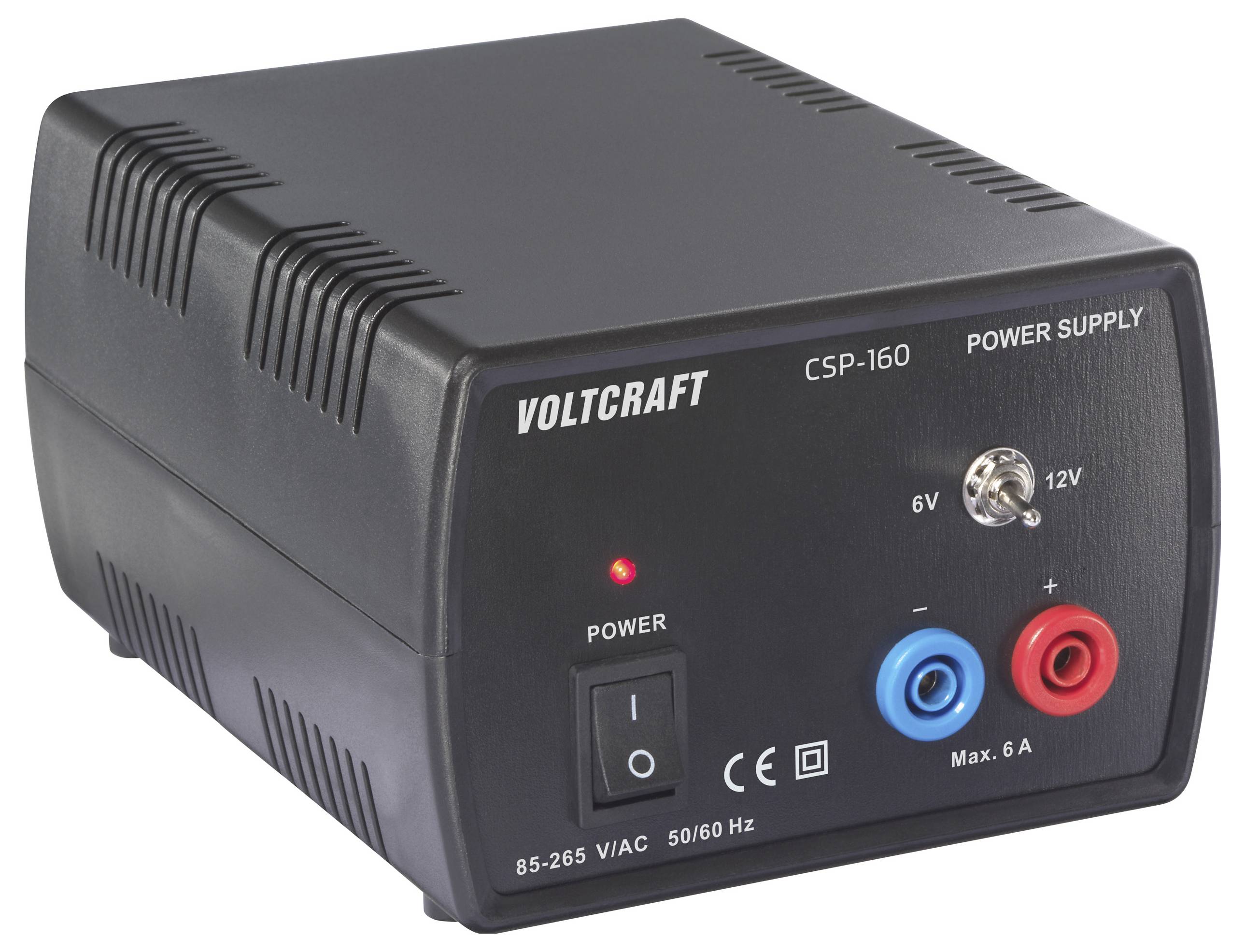 Voltcraft CSP-160 Netzteil mit Ein-/Ausschalter, Spannungsoptionen (6V, 12V), positiven und negativen Anschlüssen sowie Eingangsspannungsdetails.
