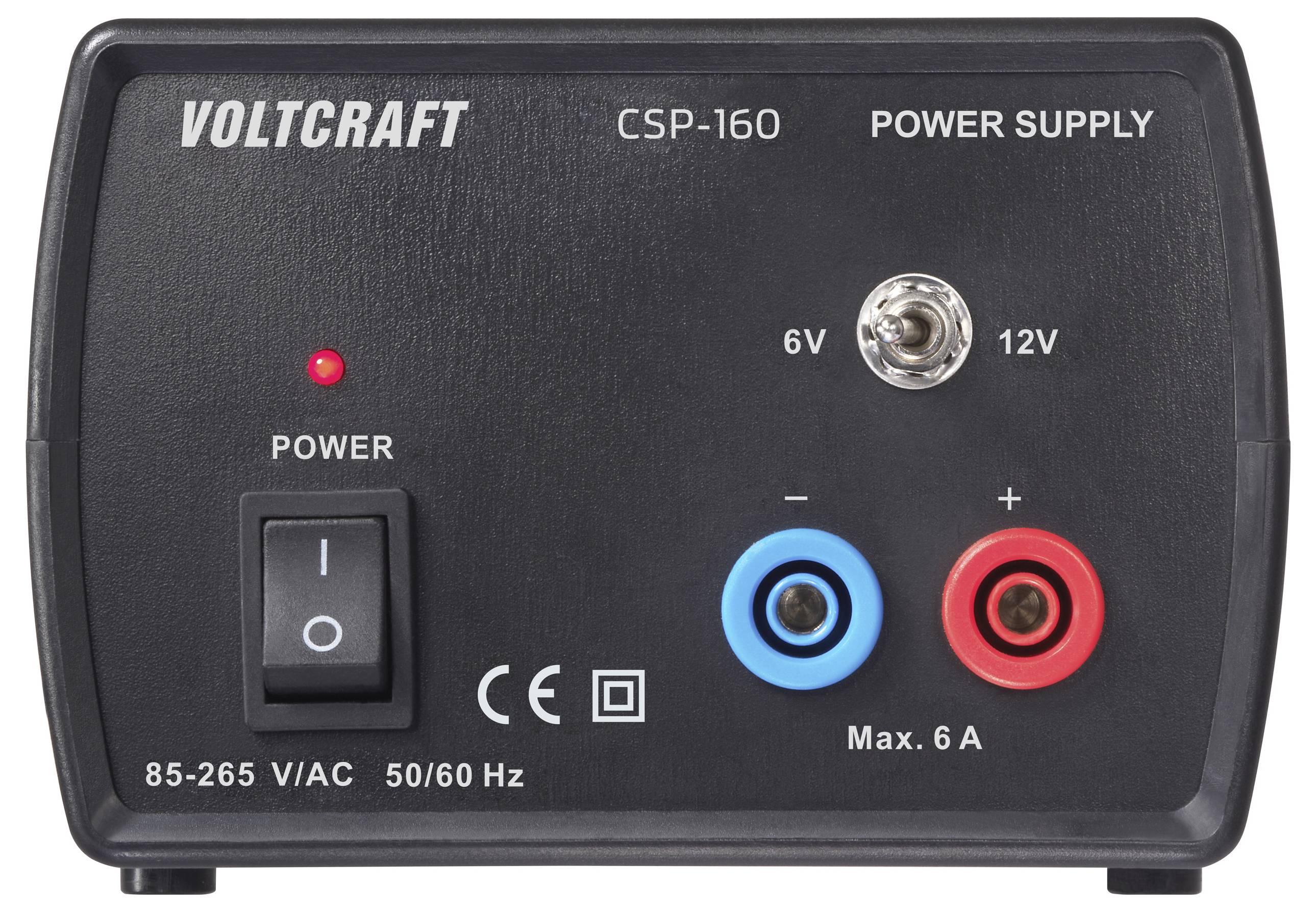 Voltcraft CSP-160 Stromversorgung mit 6V oder 12V Ausgang, Stromschalter und roten sowie blauen Ausgangsklemmen, maximal 6A.