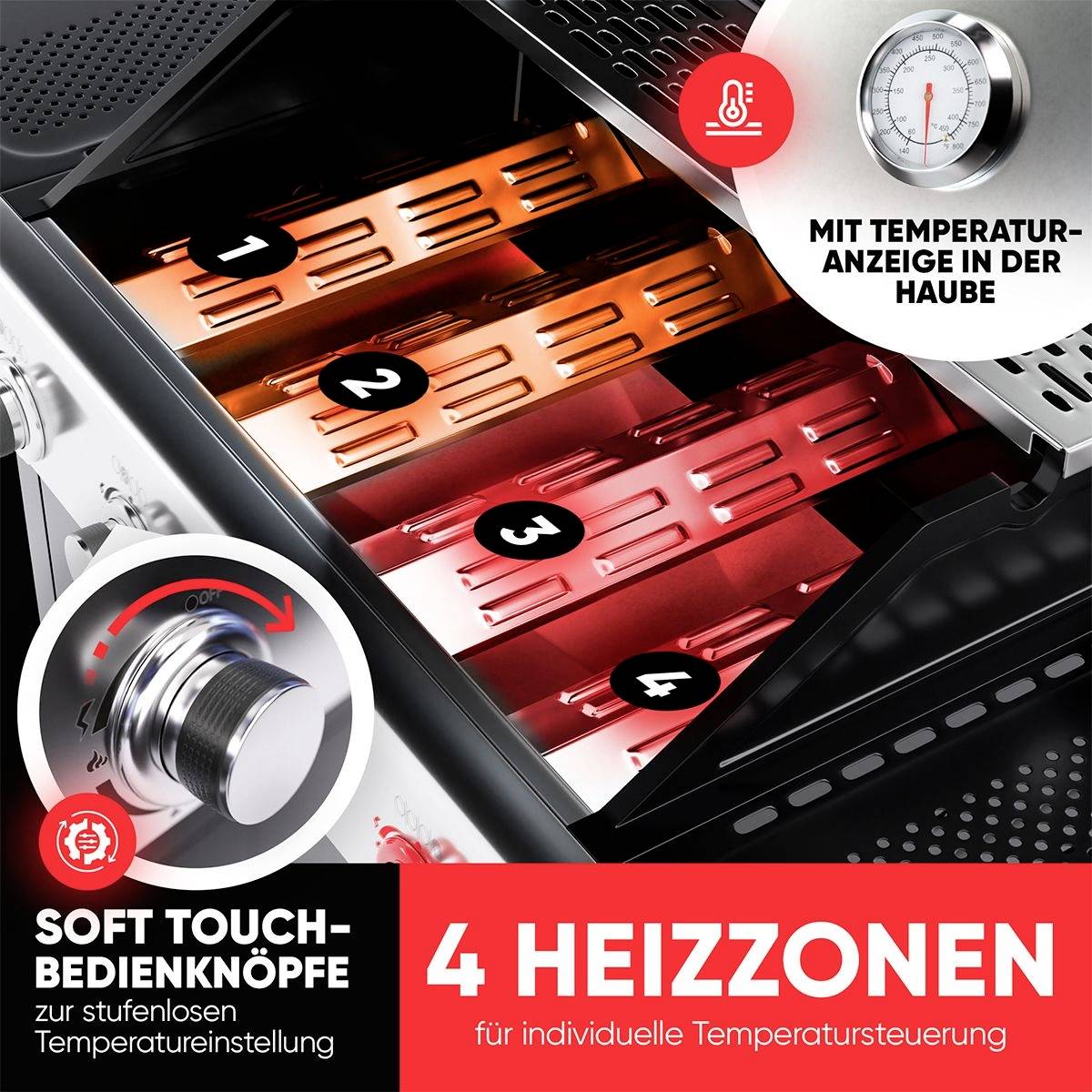 Profi Cook PC-GG 1311 Gas Gas-Grill 4 Brenner, Thermometer im Deckel Schwarz, Edelstahl