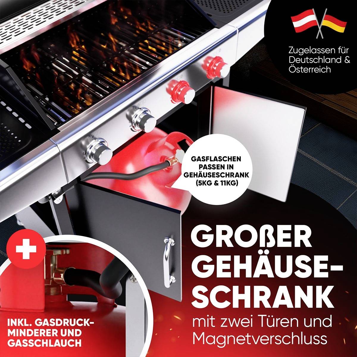 Profi Cook PC-GG 1311 Gas Gas-Grill 4 Brenner, Thermometer im Deckel Schwarz, Edelstahl