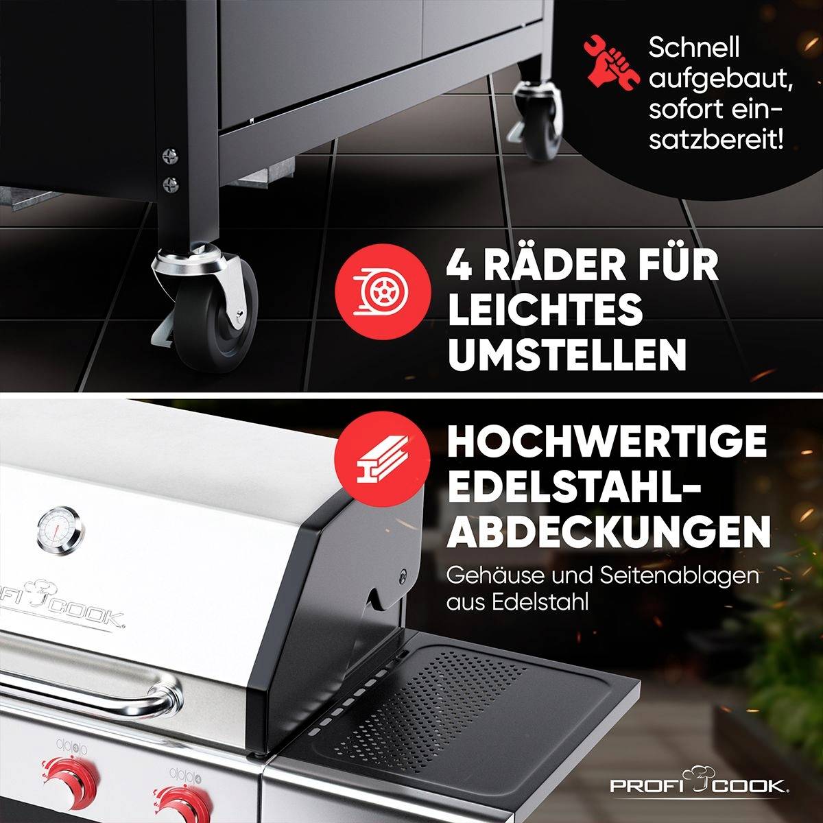 Profi Cook PC-GG 1311 Gas Gas-Grill 4 Brenner, Thermometer im Deckel Schwarz, Edelstahl