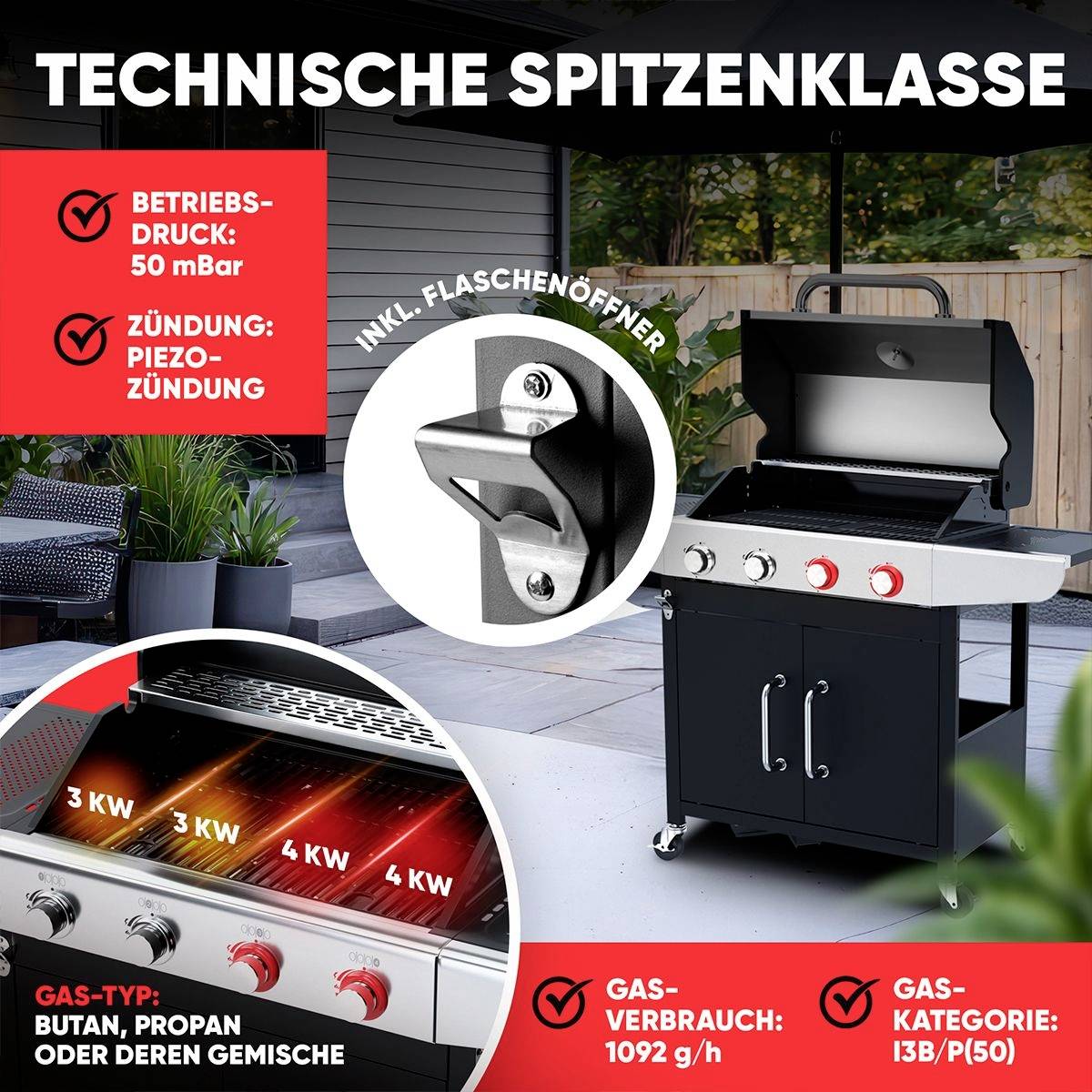 Profi Cook PC-GG 1311 Gas Gas-Grill 4 Brenner, Thermometer im Deckel Schwarz, Edelstahl