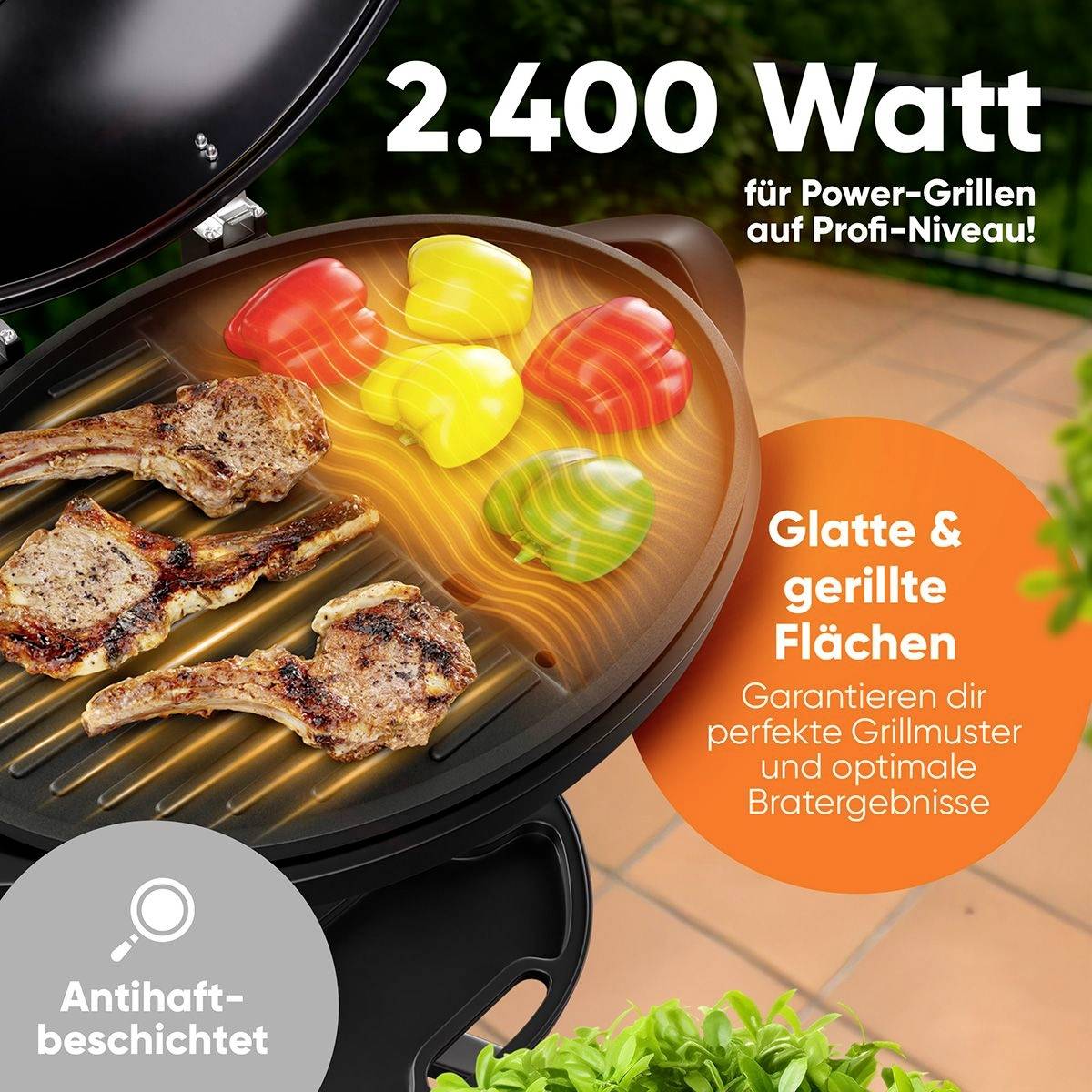 Grill mit Steaks und Paprika, der mit 2.400 Watt Leistung und einer Antihaftoberfläche professionelle Grillresultate liefert.
