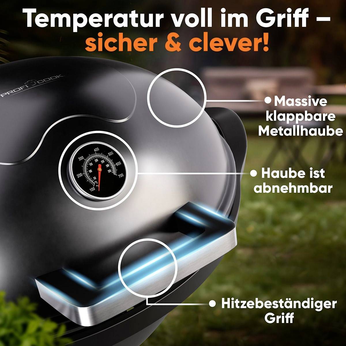 Ein Nahaufnahme eines Grills mit Etiketten, die folgende Merkmale hervorheben: 'Massive klappbare Metallhaube', 'Haube ist abnehmbar', 'Hitzebeständiger Griff'.