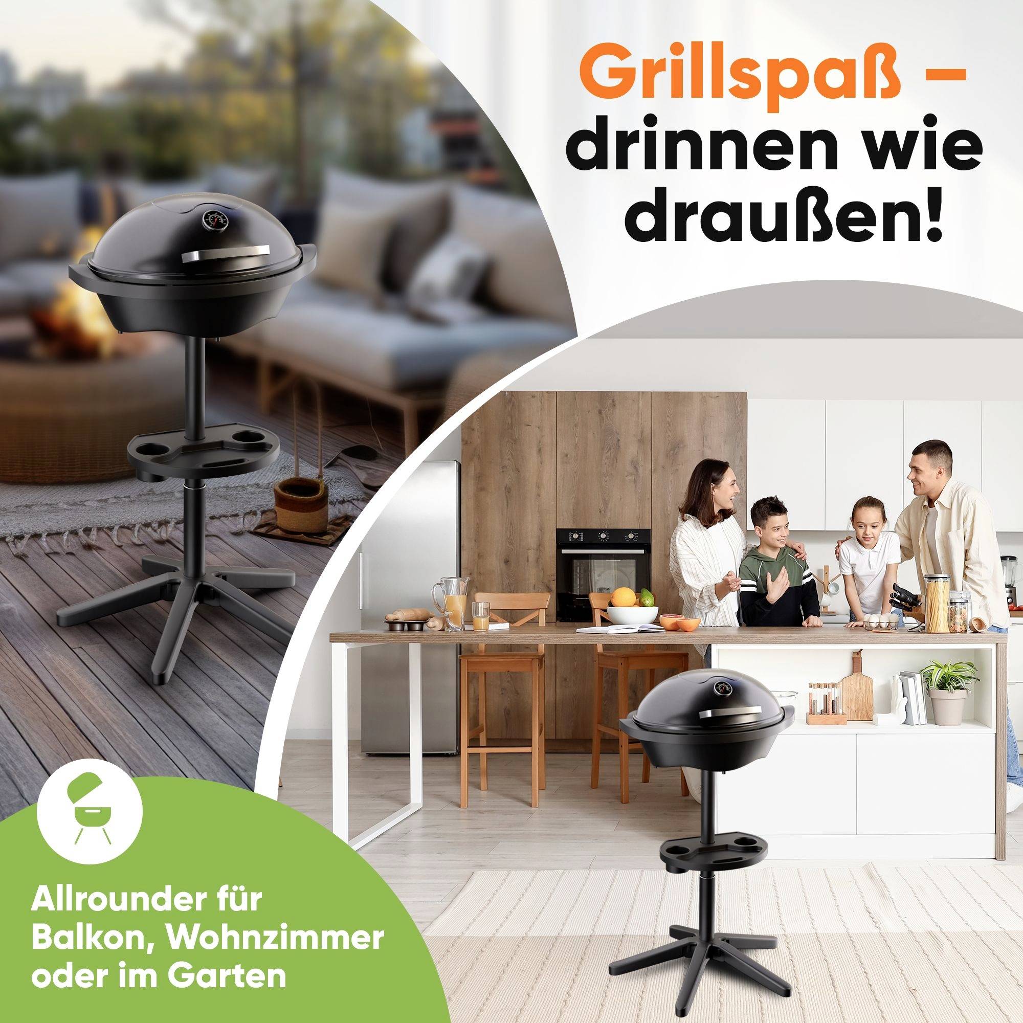 Hier ist die deutsche Version:<br><br>Indoor- und Outdoor-Elektrogrill in einem Wohnzimmer und einer Küche mit dem Text 'Grillspaß – drinnen wie draußen'. Geeignet für Balkon, Wohnzimmer oder Garten.