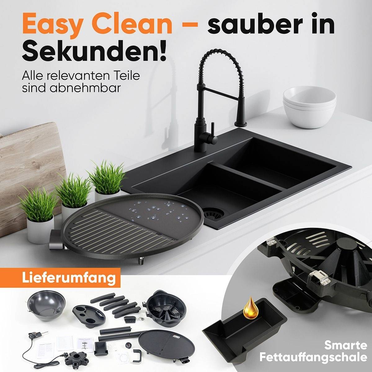'Easy Clean – sauber in Sekunden!' Küchenspüle mit abnehmbaren Armaturen, Zubehör und einer smarten Fettauffangschale.