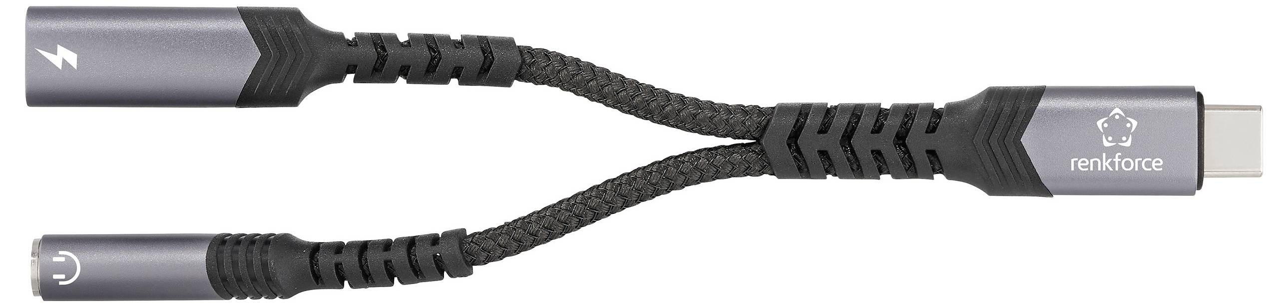 Ein geflochtenes Dual-Port-Kabel mit USB-C-Anschluss, mit Symbolen für Audio und Laden, zur gleichzeitigen Verbindung.