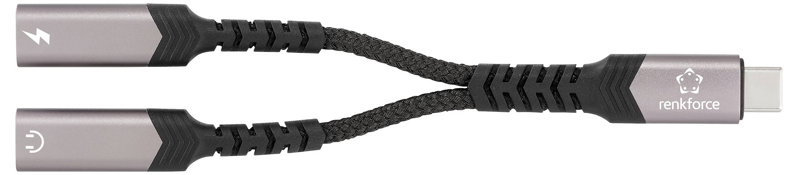 Ein 'renkforce' Marken USB-C Adapterkabel mit zwei schwarzen geflochtenen Kabeln, die sich in Lightning- und USB-C-Anschlüsse aufteilen.