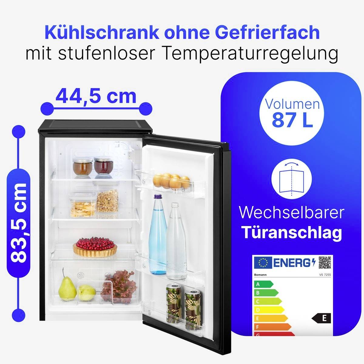 Bomann VS 7255 Kühlschrank EEK: E (A - G) 87l Standgerät Schwarz