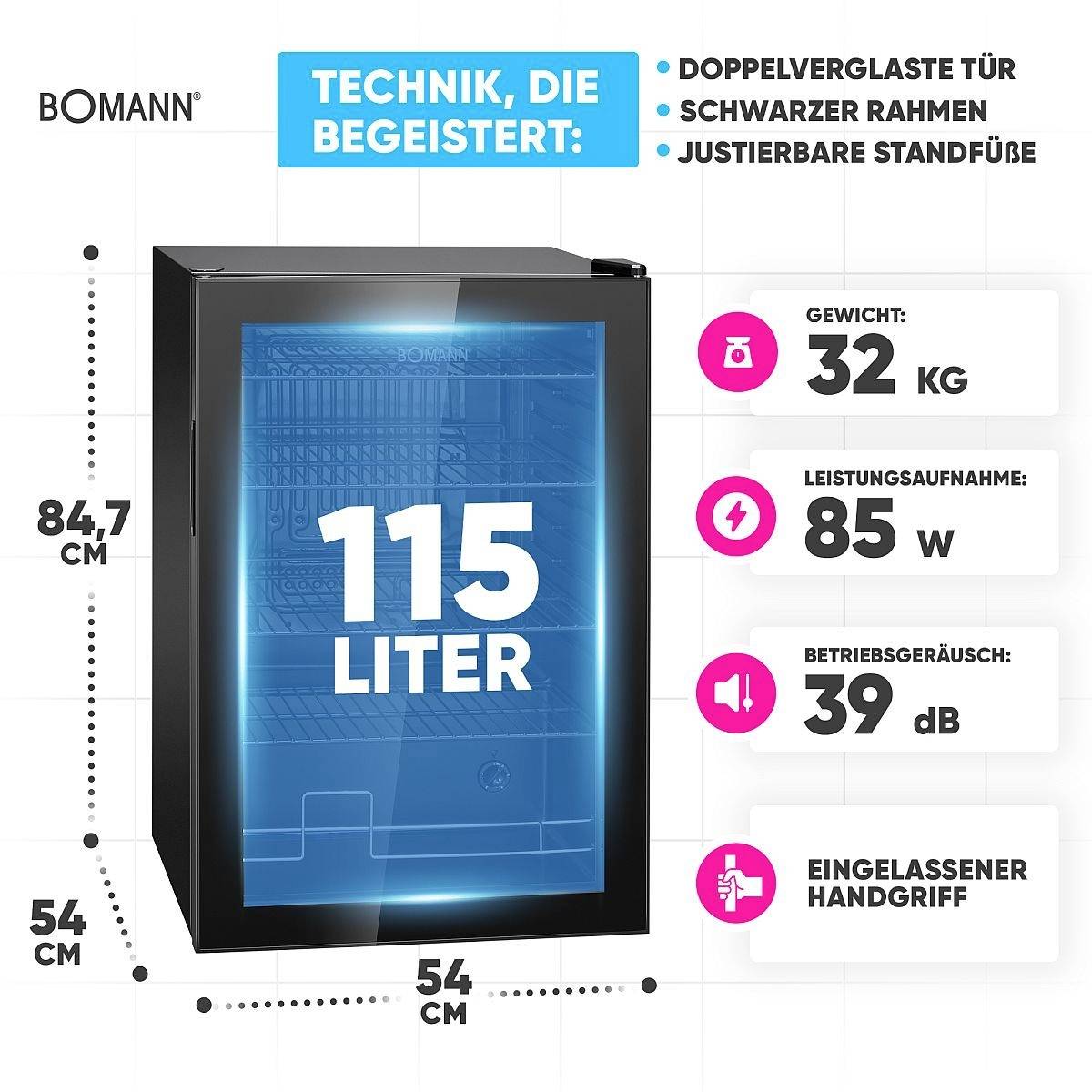 Bomann KSG 7290 Kühlschrank EEK: E (A - G) 115 l Standgerät Schwarz